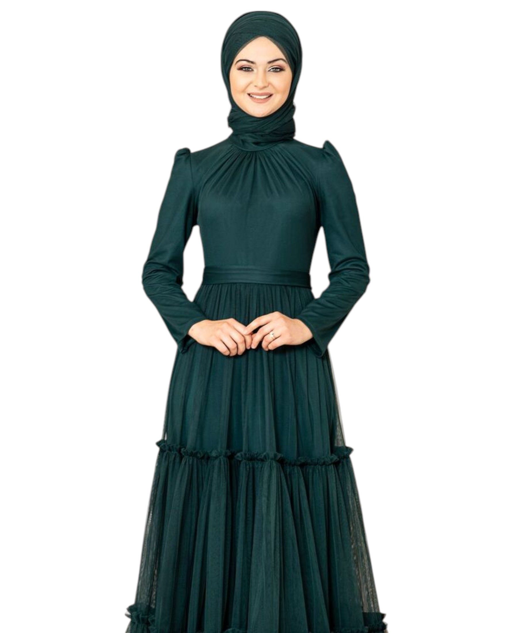 Modavitrini Abendkleid Tüllkleid mit Rüschenrock Hijab Kleid Abiye Abaya Maxikleid Mehrlagiger Tüllrock, eleganter Maxischnitt, blickdichtes Unterkleid
