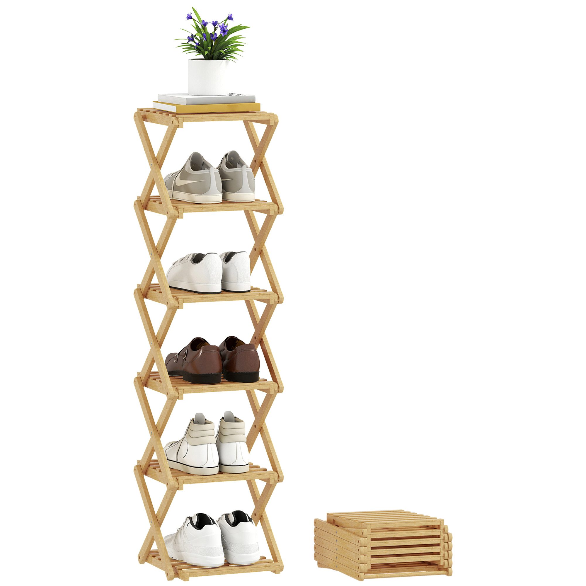 HOMCOM Schuhregal mit 6 Ebenen aus Bambus, für max. 9 Paar Schuhe, klappbar günstig online kaufen