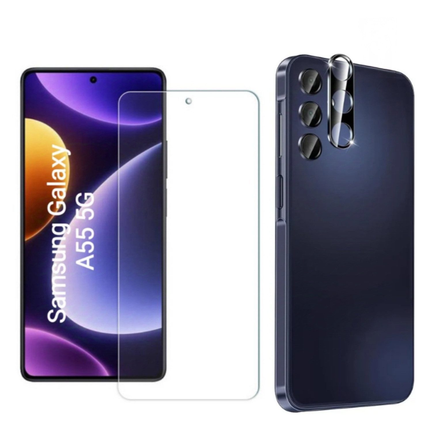 CLM-Tech Displayschutzglas 2X Schutzfolie für Samsung Galaxy A55 5G Panzerfolie Kameraschutz für Samsung Galaxy A55 5G, 2er Set Kameraglas Panzerglas Displayschutz 9H Glas, 2 Stück, Unterstützt Fingerabdruck-ID