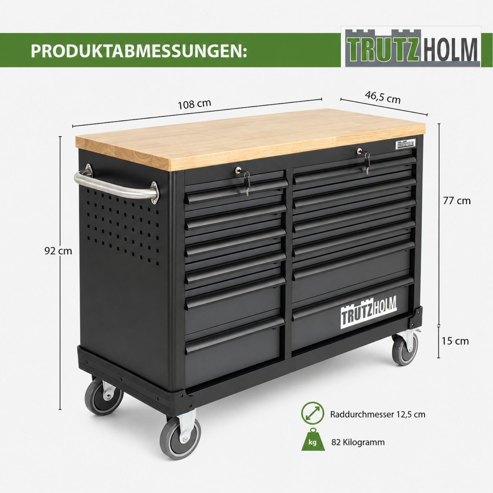 TRUTZHOLM Werkstattwagen DELUXE 12 Schubladen 123 cm Breite unbestückt massiver Arbeitsplatte, Profi Schubladenauszüge bis 40kg Tragkraft, Anthrazit/grau