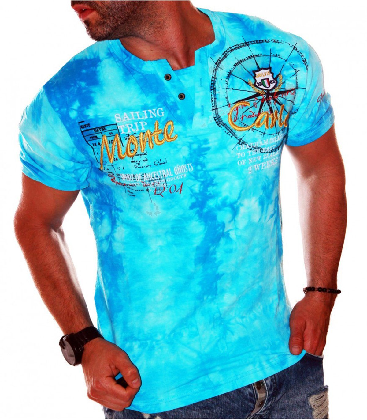 Sommer Kurzarm Türkis Shirt V-Kragen T-Shirt (2276) Jaylvis Freizeit
