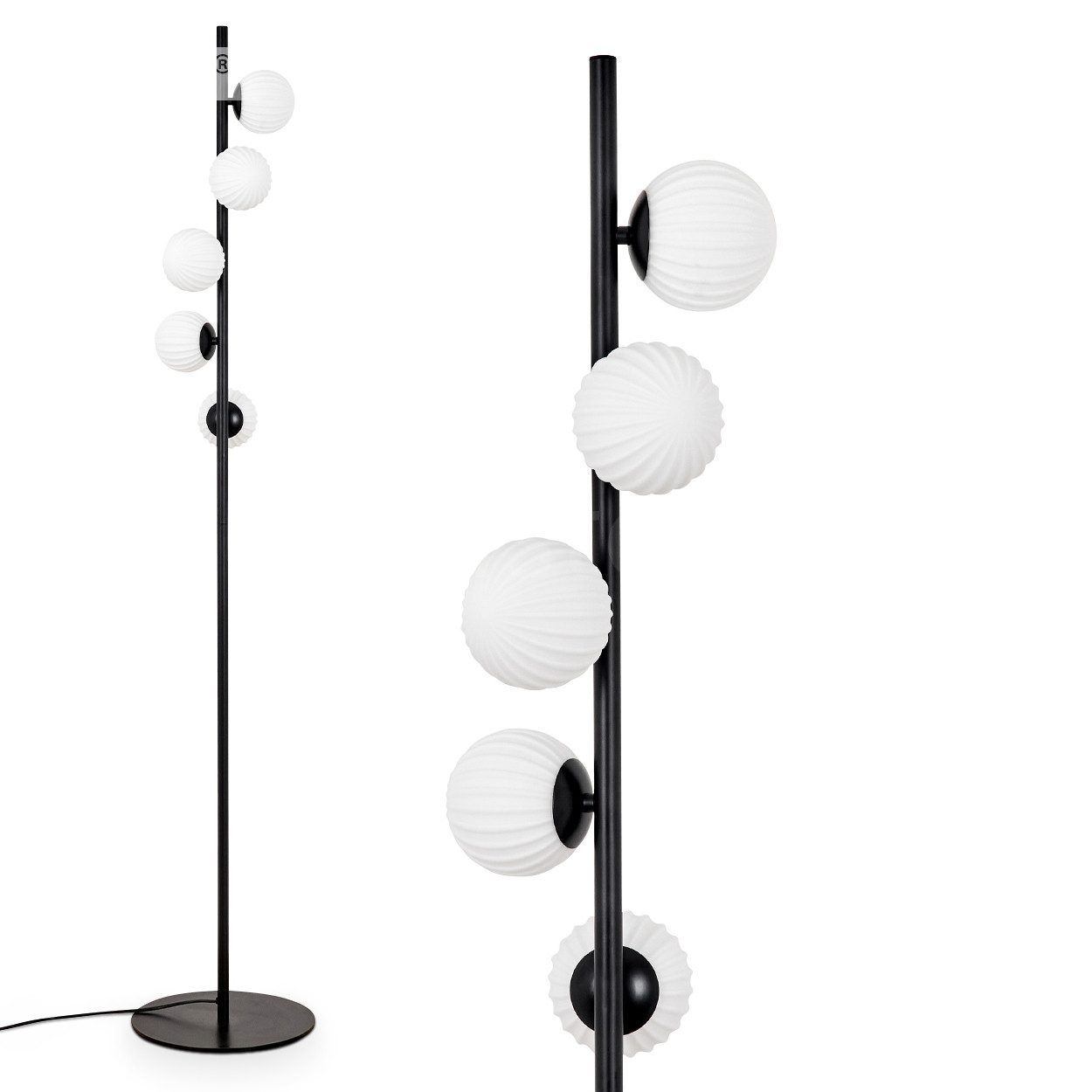 hofstein Stehlampe Stehlampe aus Metall/Riffelglas in Schwarz/Weiß, ohne Leuchtmittel, Leuchte mit Glasschirmen (10cm), Fußschalter, 5xG9, ohne Leuchtmittel