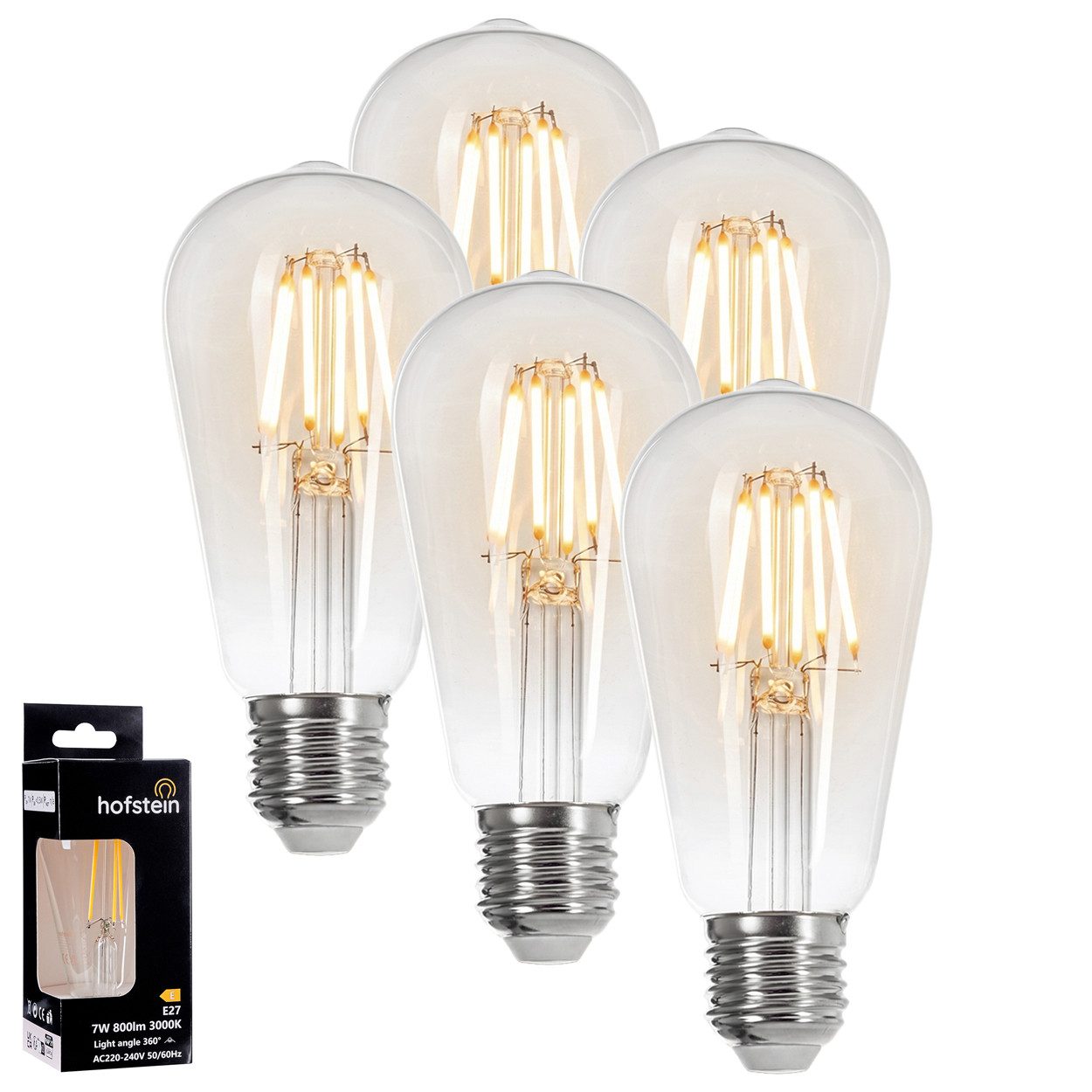 hofstein LED-Leuchtmittel 5er Set Glühbirne Warmweiß 6 Watt 800 Lumen, E27, 3000 Kelvin, Edison Vintage, Filament, Klar