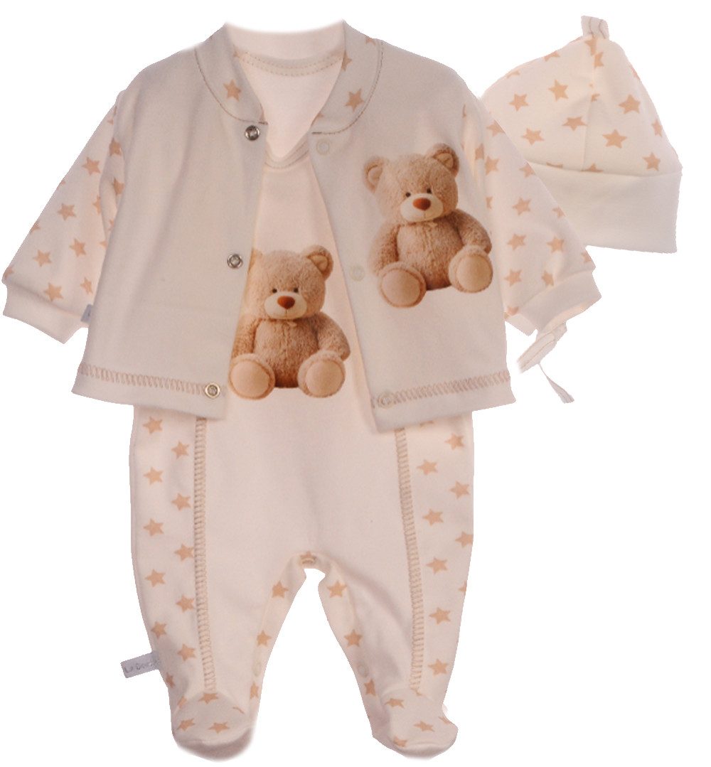 La Bortini Strampler, Jäckchen & Mütze Baby Anzug Stramplerhose Hemdchen Mützchen Set unisex (3-teilig, für Neugeborene Mädchen und Jungen) aus Baumwolle, unisex, 44 50 56 62 68 74 mit Bär