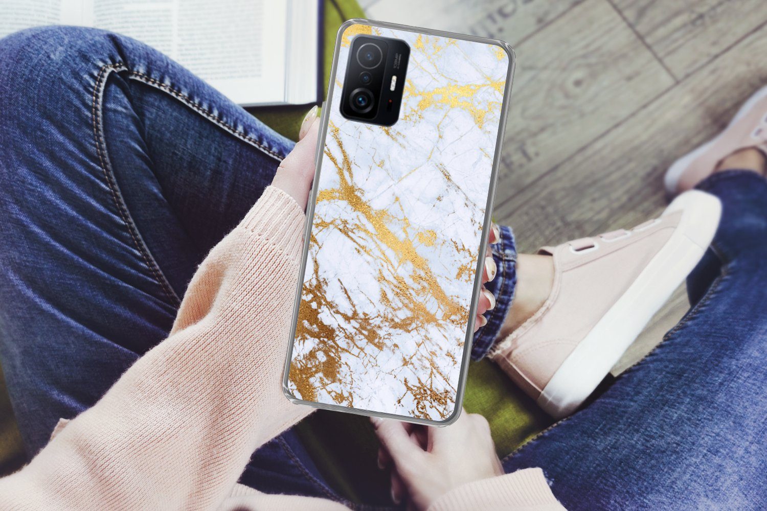 MuchoWow Handyhülle für Xiaomi 11 Lite 5G NE Marmor - Gold - Weiß - Luxe - Marmoroptik - G, Phone Case, Silikon, Schutzhülle Dünn