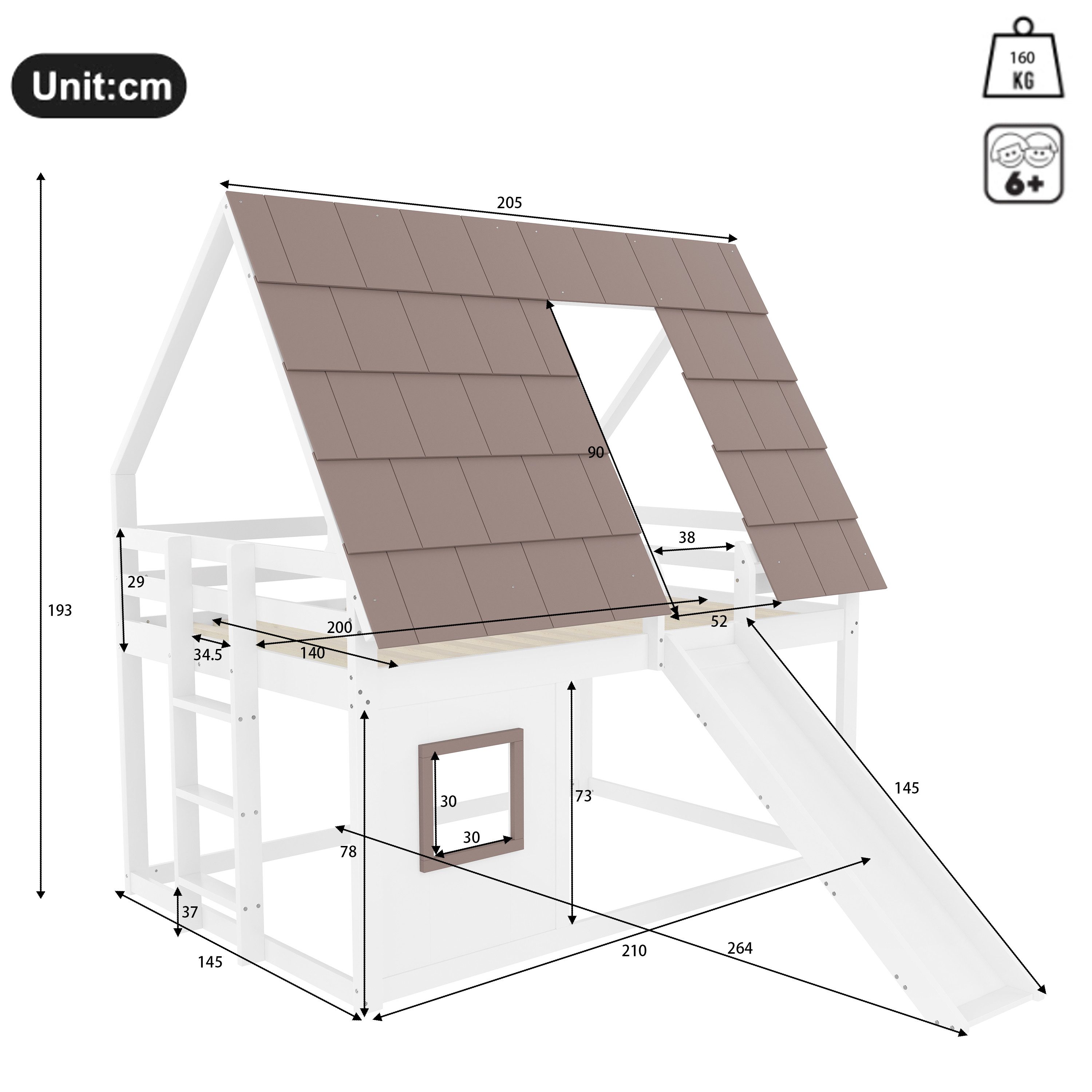 Merax Hochbett (210 x 264 x 193 cm, 1-St., Hausbett Kinderhaus Holzhaus) Etagenbett 140x200cm mit Dach, Leiter & Rutsche, Massivholz Kinderbett – Bild 4 von 5