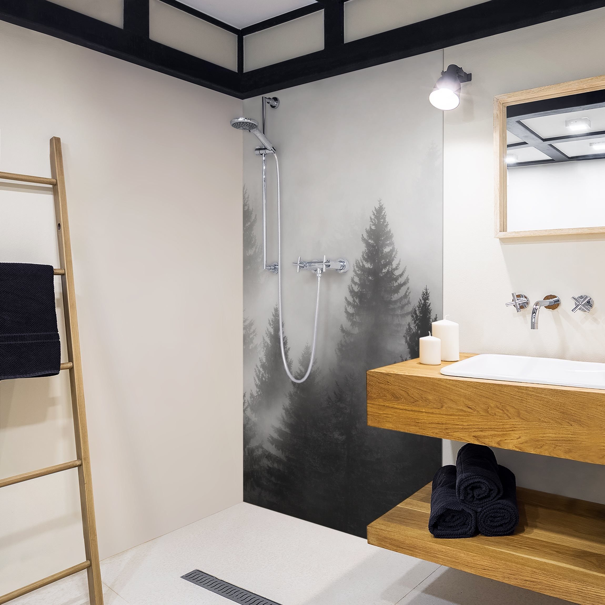 Bilderdepot24 Duschrückwand Wald schwarz weiß Badrückwand ohne Bohren Dusche Natur, (1-tlg., 0,61 mm starke Folie selbstklebend Wandpaneele Dusche versch. Größen), fugenlose & wasserfeste Motiv Rückwand Wandverkleidung für Duschkabine