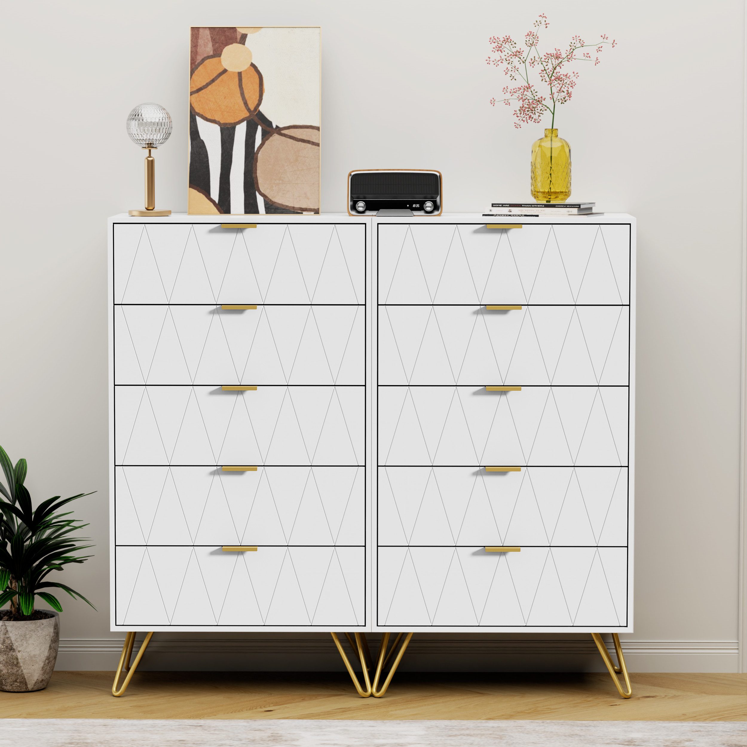 UEV Kommode mit 5 Schubladen, Highboard, Schmal Beistellschrank (Mehrzweckschrank für Wohnzimmer Schlafzimmer Büro Flur, Sideboard mit Schubladen weiß/schwarz/dunkel blau/graublau), 60x34x110cm, Schubladenschrank, Aufbewahrungsschrank, mit Kisppschutz