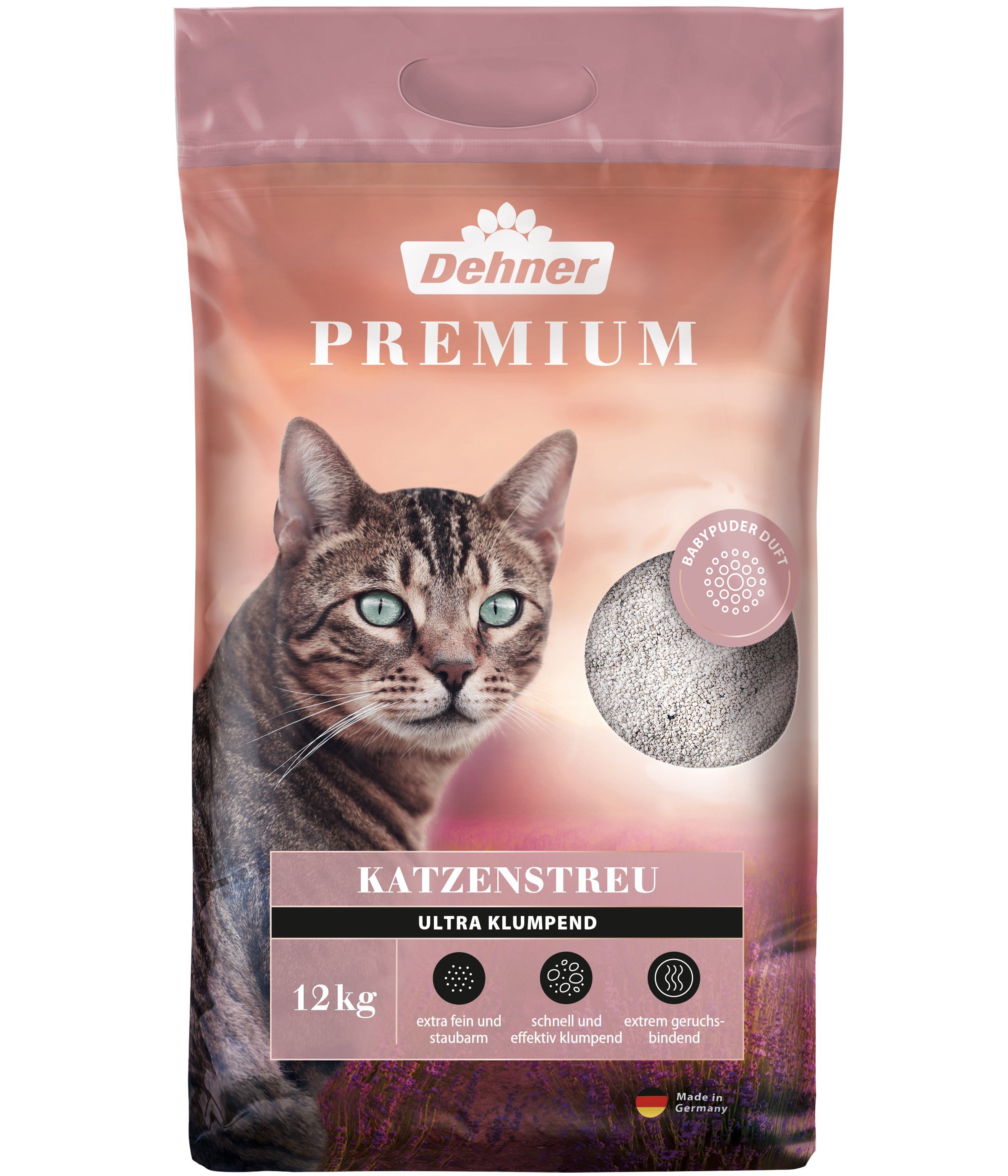 Dehner Katzenstreu Ultra mit Babypuder-Duft, klumpend, 100% Betonit, extra fein und staubarm, schnell klumpend, extrem geruchsbindend