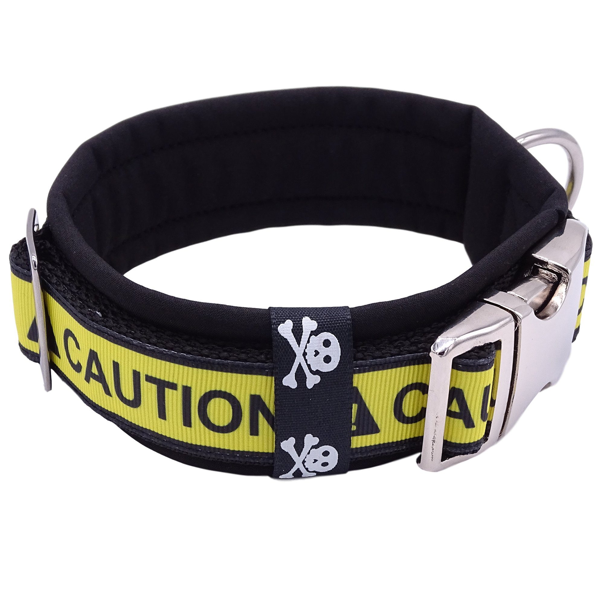 D by E Couture Hunde-Halsband "CAUTION", gepolstert, verstellbar, 40mm breit, Handmade