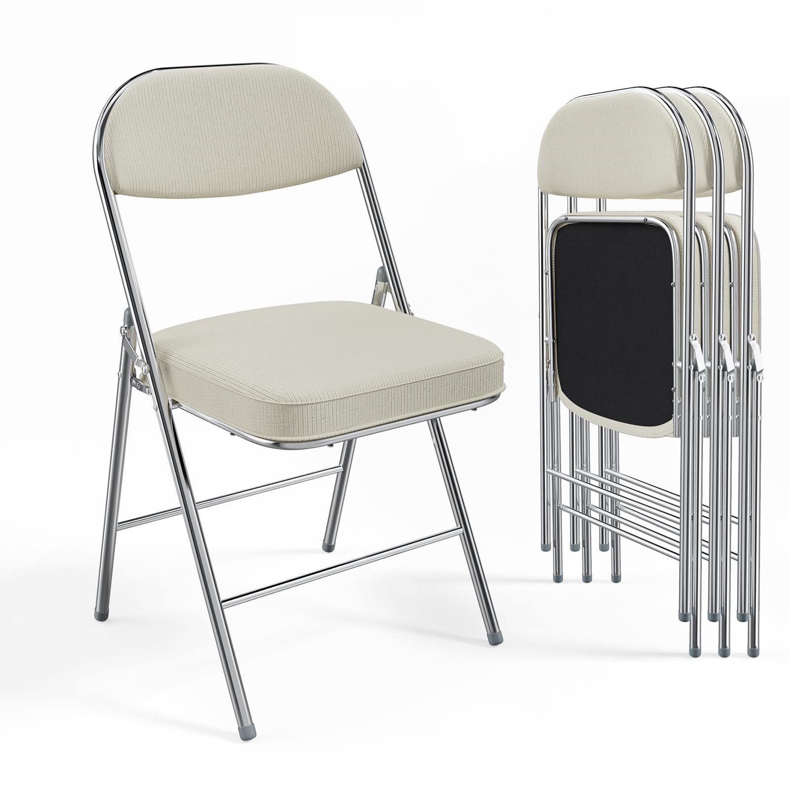 VINGLI Klappstuhl 4er Set, Klappstühle aus Cordgewebe, Gepolstert, Stabiler Stahlrahmen (4 St), Ideal für Partys, 46 × 44 × 79 cm, bis zu 159 kg, Cremeweiß/Schwarz
