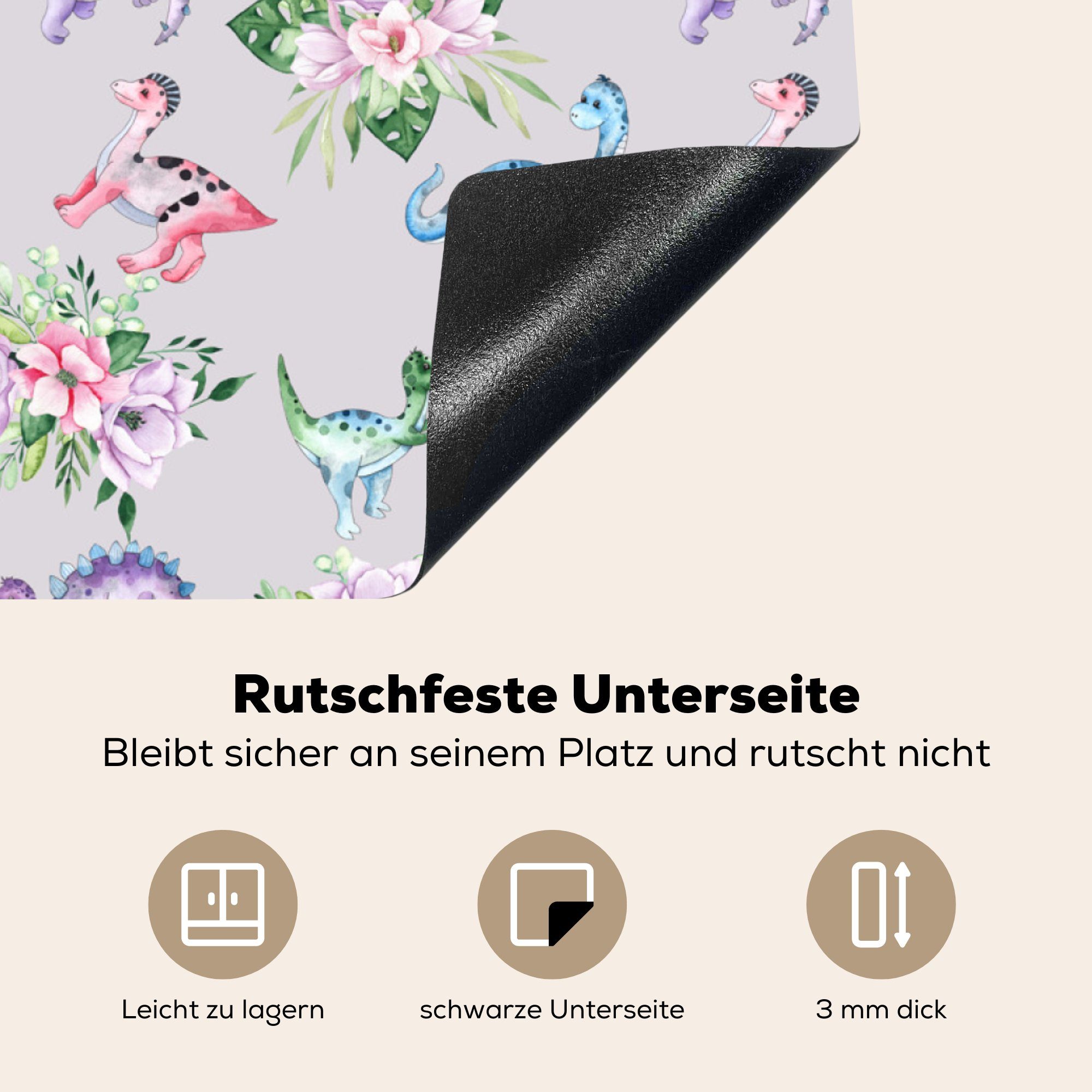 Mädchen tlg), Kinderzimmer Herdblende-/Abdeckplatte Ceranfeldabdeckung, für 78x78 -, Kinder Arbeitsplatte MuchoWow - küche - (1 - cm, Blumenarrangements - Dinosaurier Vinyl,