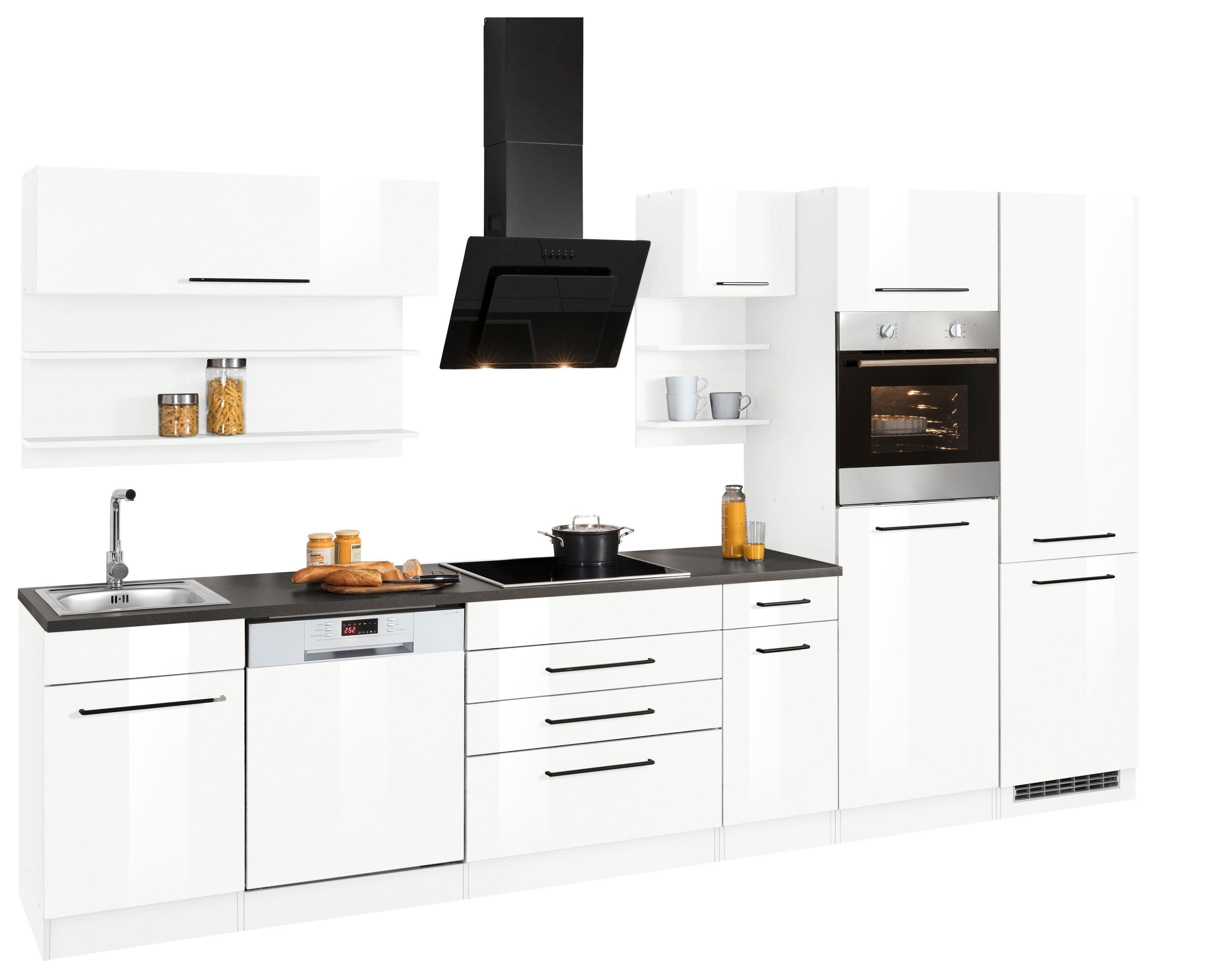 KOCHSTATION Küchenzeile KS-Tulsa, mit E-Geräten, Breite 350 cm, schwarze Metallgriffe, MDF Fronten