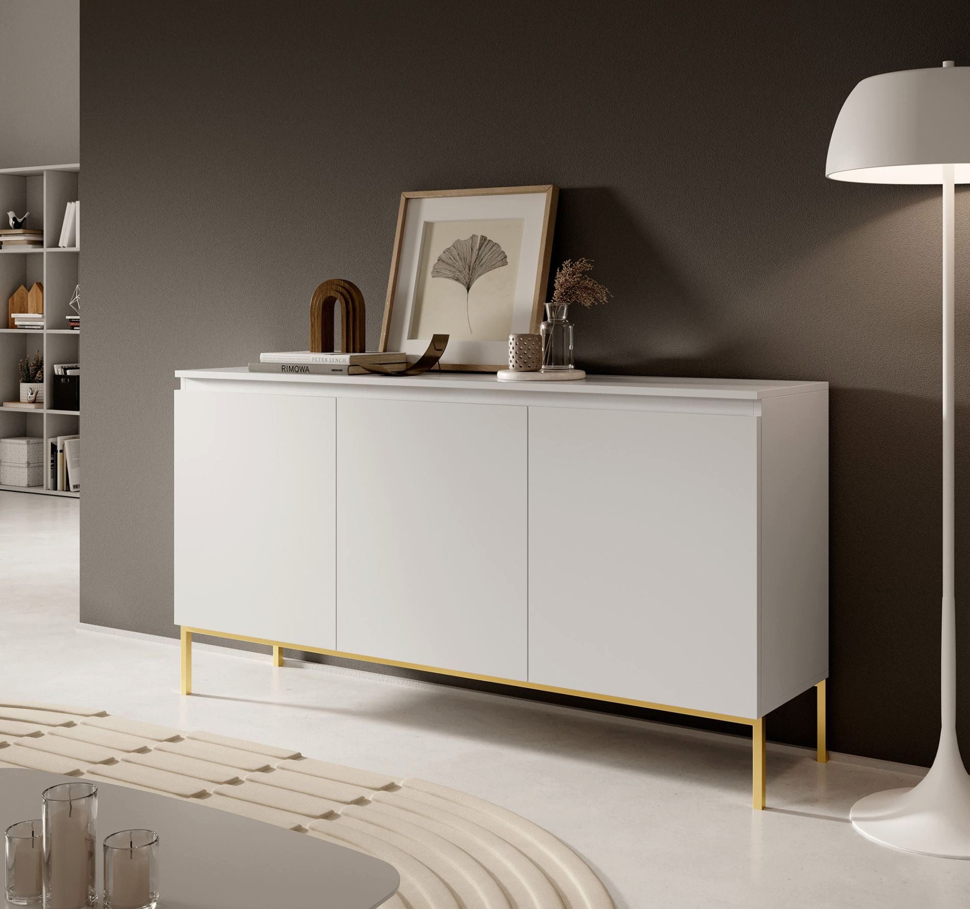 Selsey Sideboard BEMMI, 3-türig mit 6 Fächern, goldenem Metallgestell, grifflos