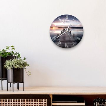DEQORI Wanduhr 'Steg bei Sonnenuntergang' (Glas Glasuhr modern Wand Uhr Design Küchenuhr)