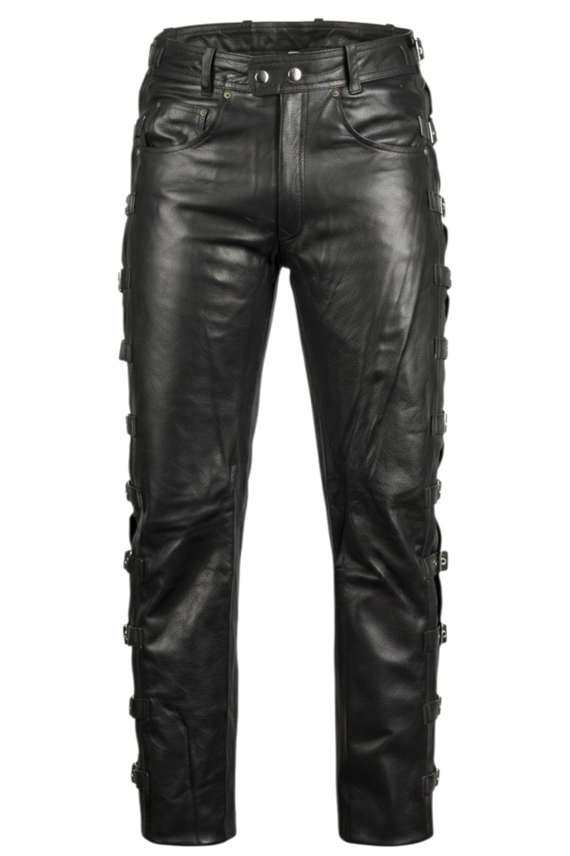 MDM Lederhose Herren Lederhose Bikerjeans mit Schnallen aus Rindsleder Schwarz Lang (1 Lederhose aus echtem Rindsleder im Bikerstil) Schnallen Biker Lederhose a – Bild 3 von 5