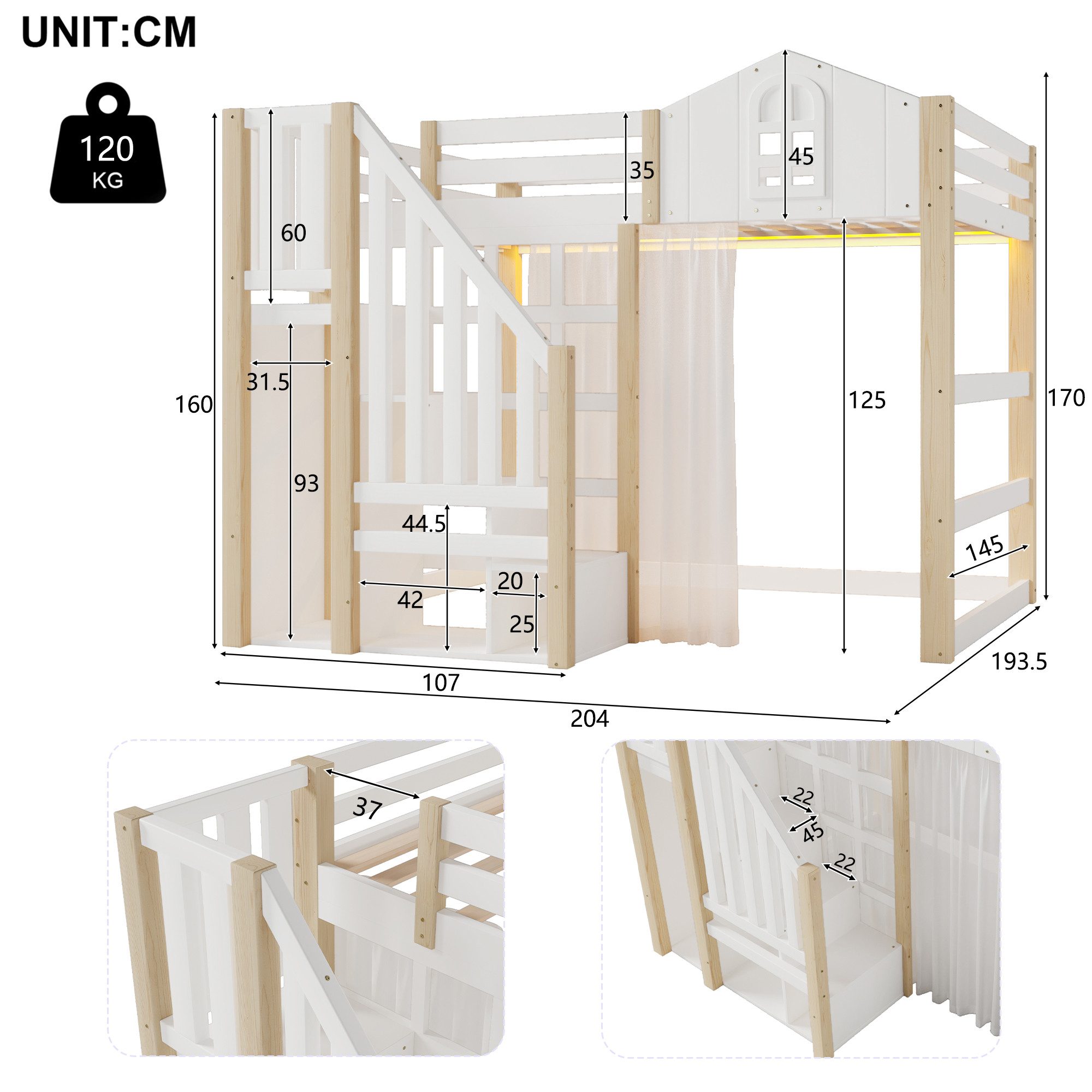 Ulife Etagenbett Hochbett Kinderbett mit LED-Leuchten, Fensterform, Ablagel günstig online kaufen