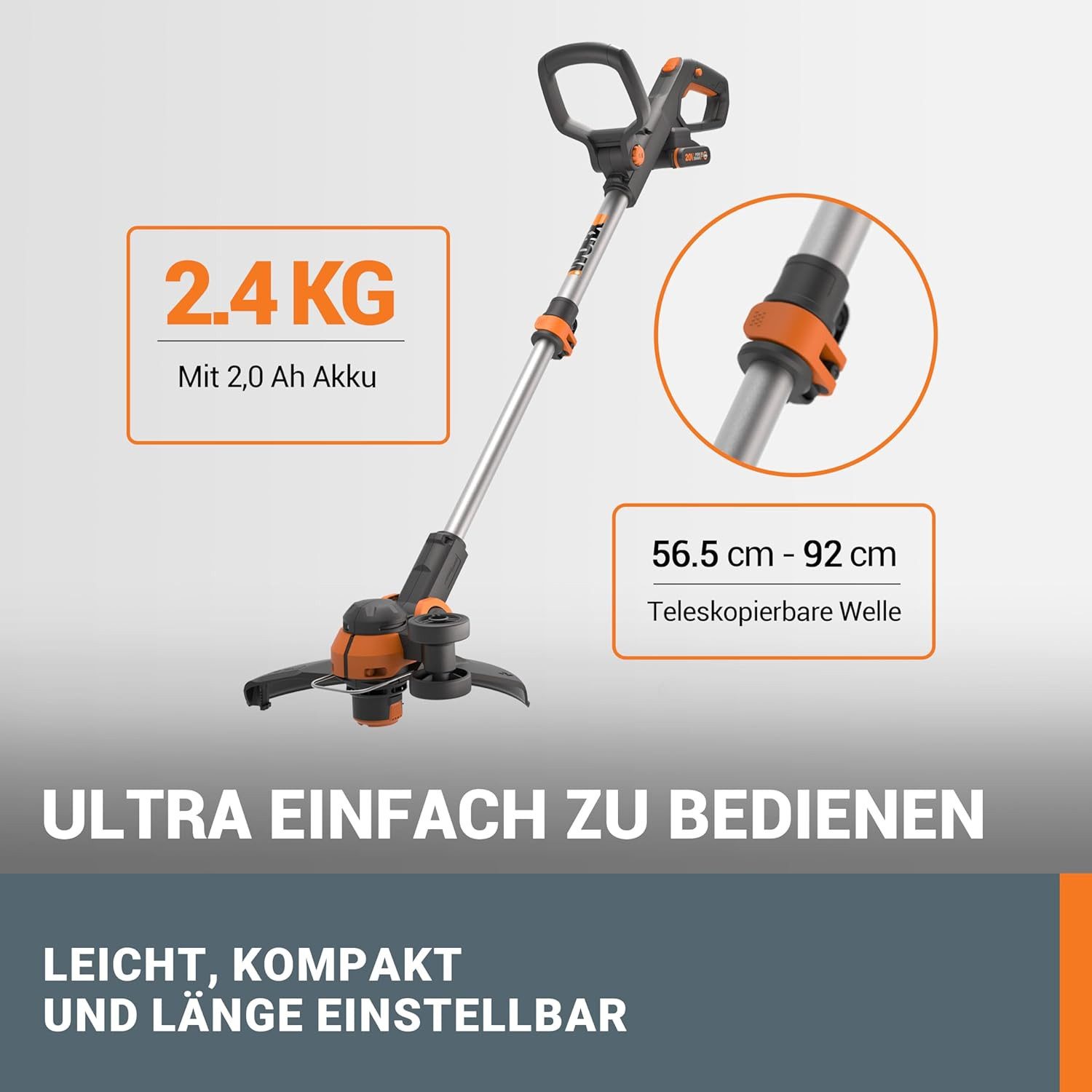 Worx Elektro-Rasentrimmer WORX WG163E.1 20V Akku-Rasentrimmer –​​ Inkl. Li-Ion Akku, 30 cm Arbeitsbreite Faden, Zusatzhandgriff, verstellbarer Kopf (90), teleskopierbar