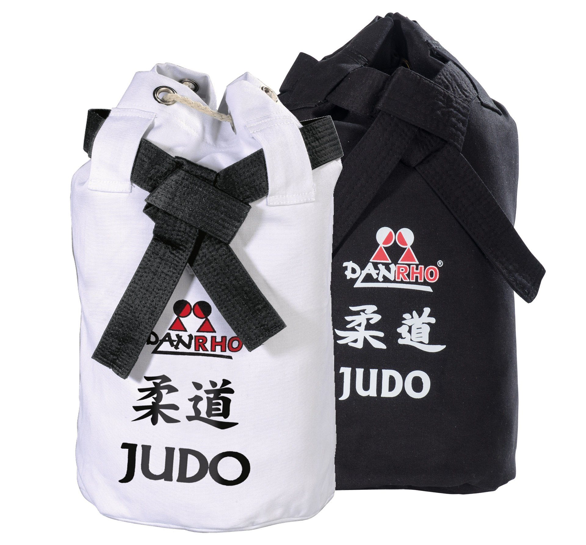 Danrho Sporttasche Judo Seesack Beutel Kinder Rucksack Turnbeutel (Baumwolle, Kordelzug Schnellverschluß), schwarz oder weiss, Budogürtel Optik weiß