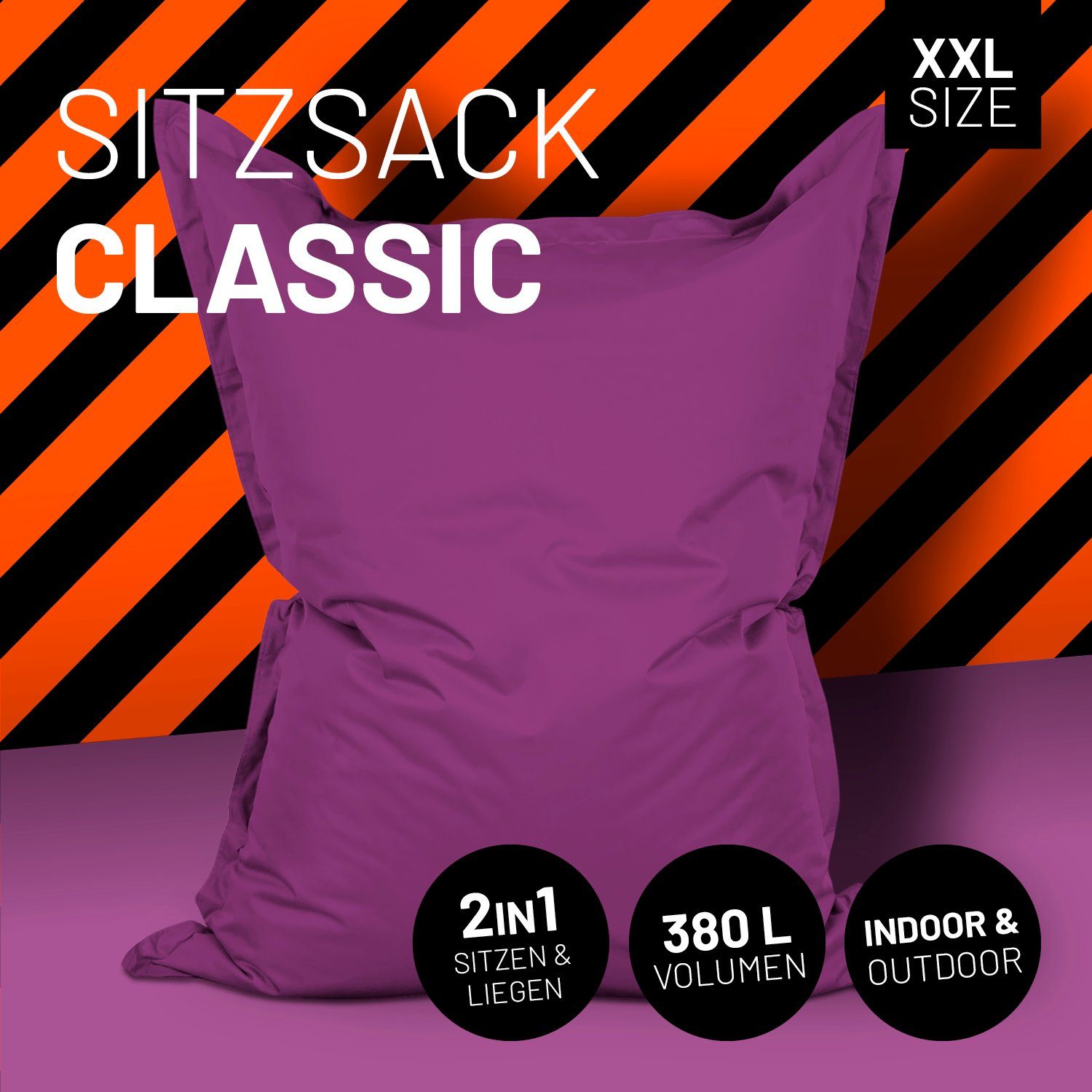 XXL Luxury In-& lila waschbar wasserfest Jahre Lumaland Sitzsack 5 Riesensitzsack 140x180cm Outdoor 380L Garantie Bodenkissen,