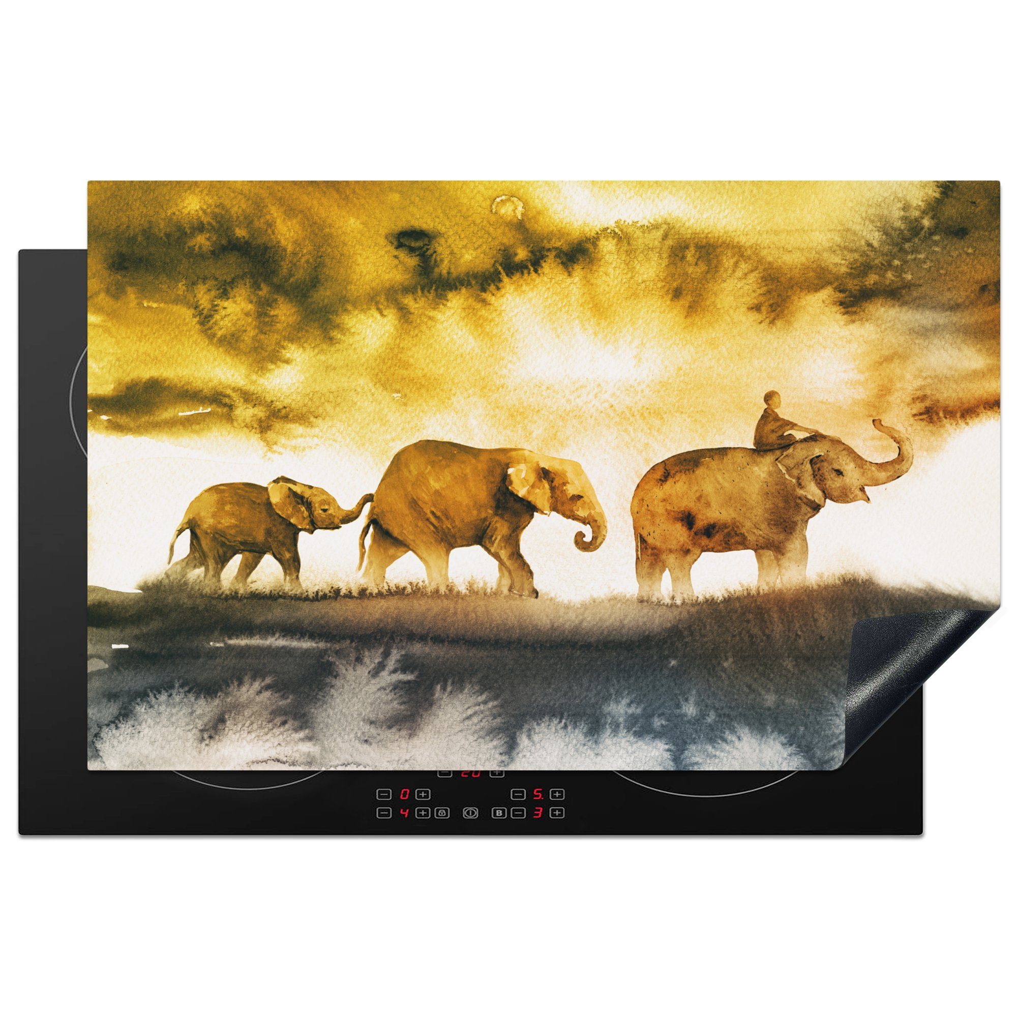 [Toller Preis, solange der Vorrat reicht] MuchoWow Herdblende-/Abdeckplatte Elefanten Induktionskochfeld Vinyl, cm, Gelb, 81x52 tlg), (1 - die - küche, Aquarell Ceranfeldabdeckung für Schutz