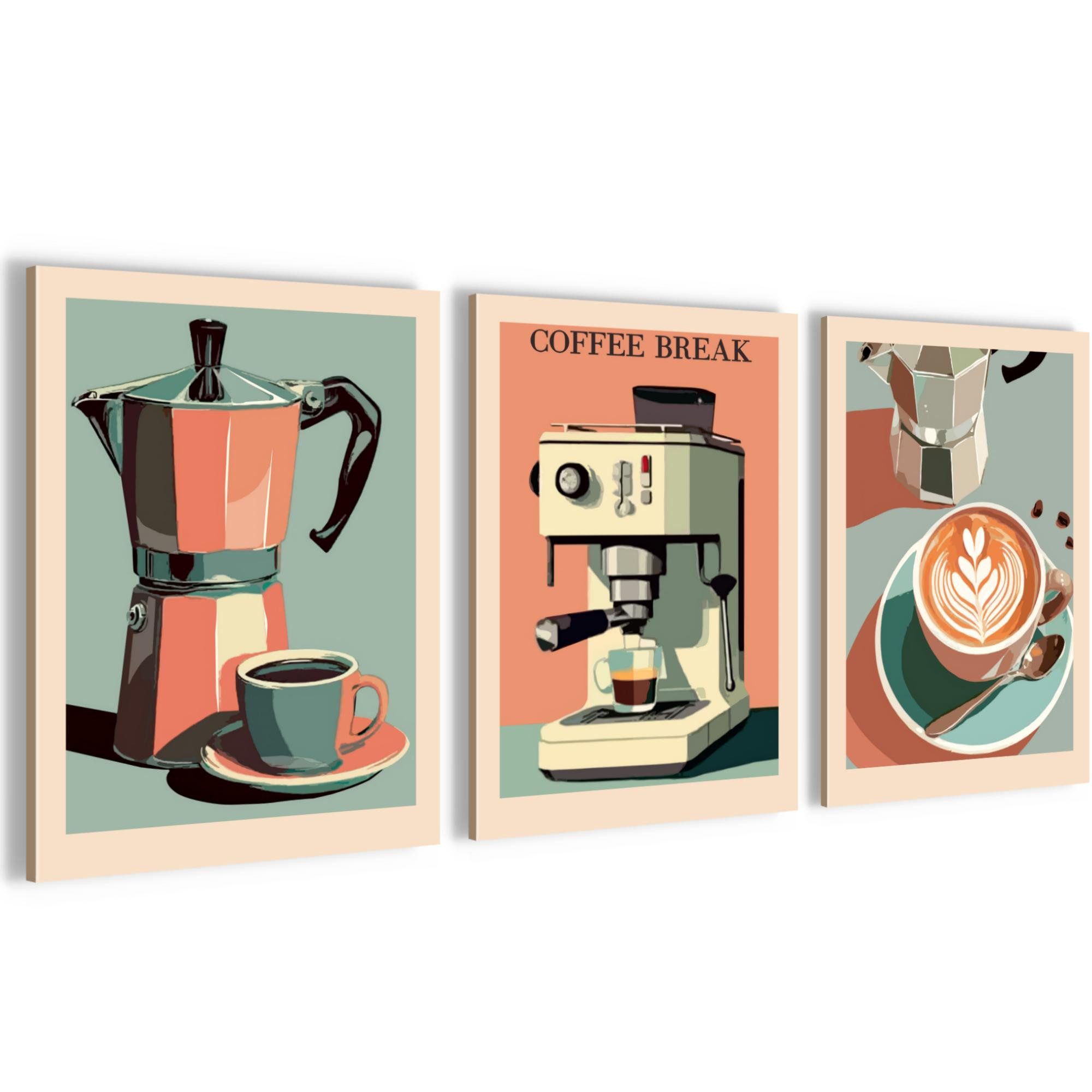Novart Wandbild Küchenbilder Kaffee Retro Bilder Küche Esszimmer Cafe Bar Deko, (3 St)