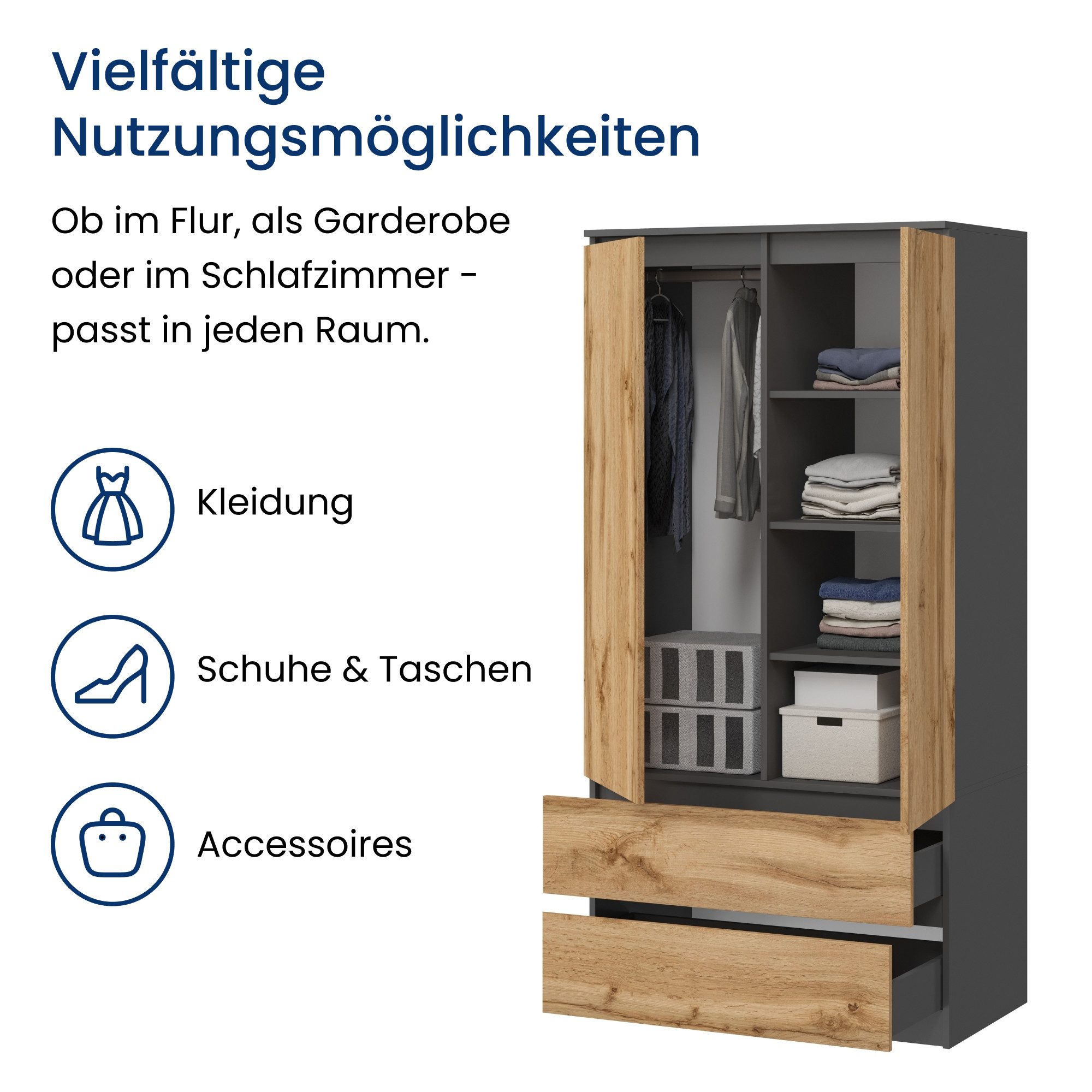 Home Collective Kleiderschrank Schrank 90cm breit mit 2 Schubladen, 3 Einlegeböden und Kleiderstange (Haushaltsschrank Schrank Organizer für Schlafzimmer Flur Keller Büro) robust & vielseitig viel Stauraum 90x50x180 (BxTxH) anthrazit / eiche