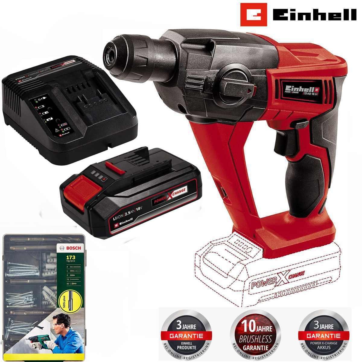 Einhell Akku-Bohrhammer Akku-Bohrhammer TE-HD 18 Li- 18V Akku 2.5 Ah + Bosch Befestigungsset