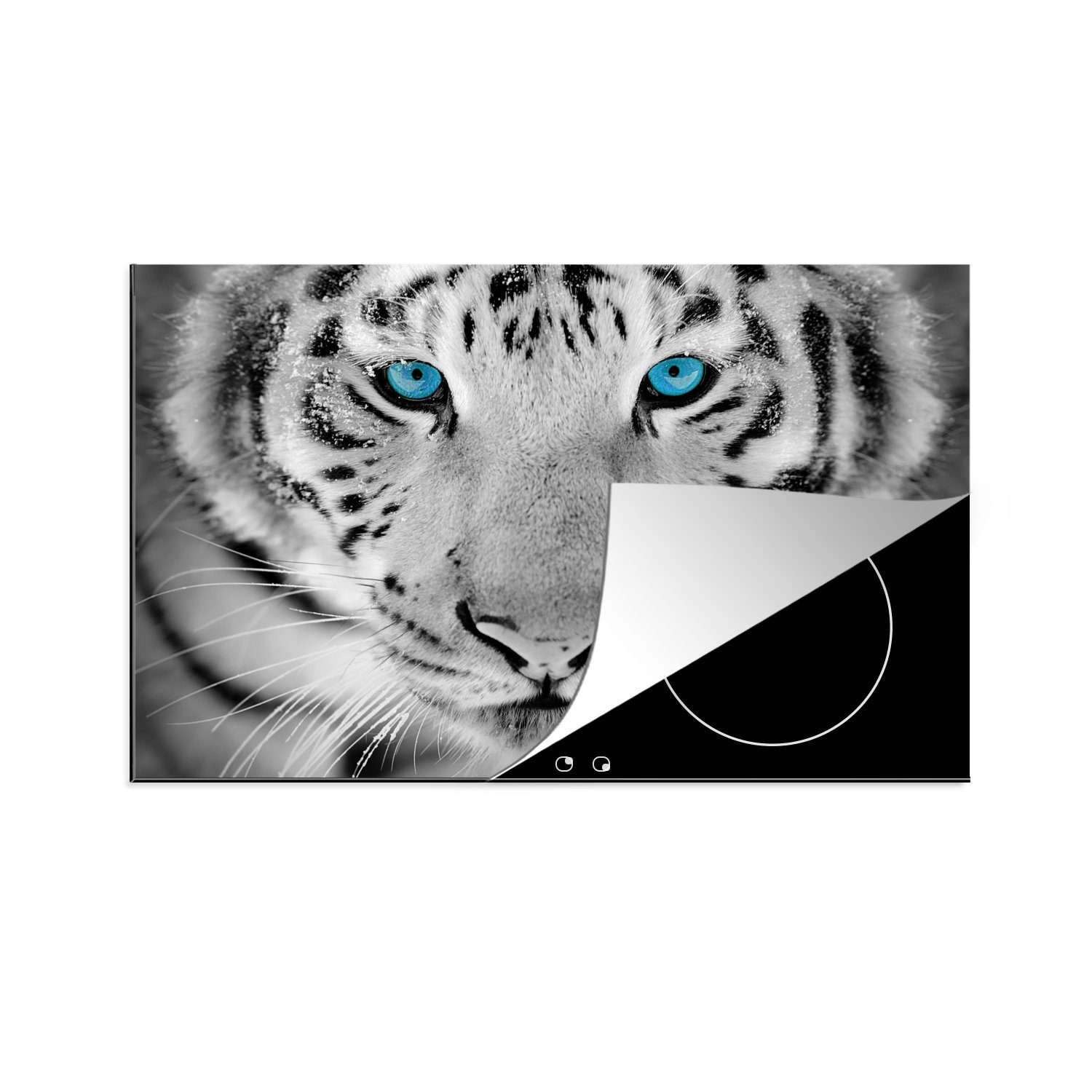 MuchoWow Herdblende-/Abdeckplatte Tiere - Tiger - Augen - Blau - Schwarz und weiß, Vinyl, (1 tlg), 81x52 cm, Ceranfeldabdeckung, Arbeitsplatte für küche