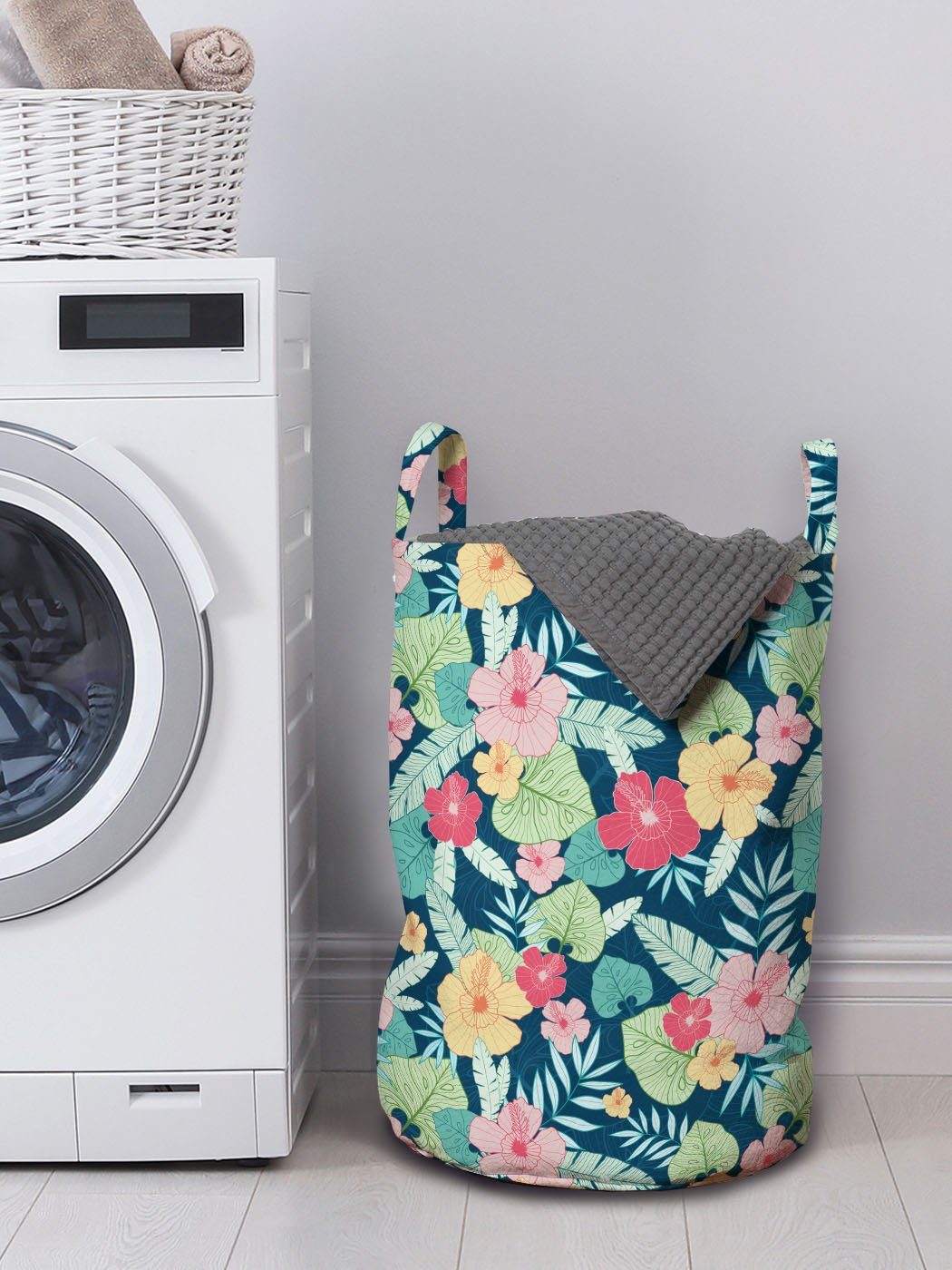 Wäschekorb Blätter Wäschesäckchen Griffen für mit und Blumen Grafik Waschsalons, Hibiscus Abakuhaus Kordelzugverschluss
