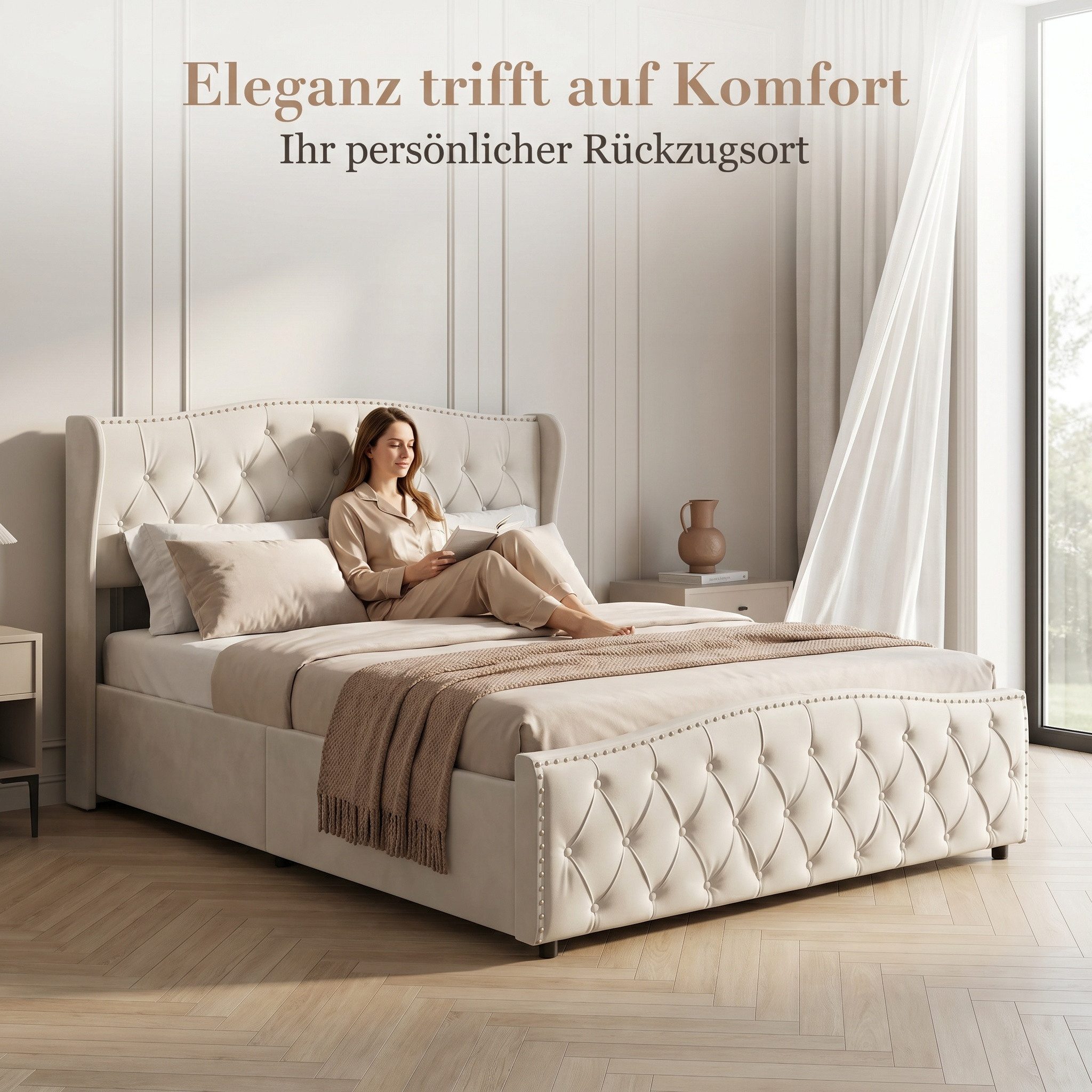 Simurq Polsterbett Stauraumbett 160x200 cm Samt mit Bettkasten & Wingback-Kopfteil (Set, 1-tlg) (Doppelbett 160x200 mit Lattenrost, ohne Matratze), Jugendbett,B – Bild 5 von 5