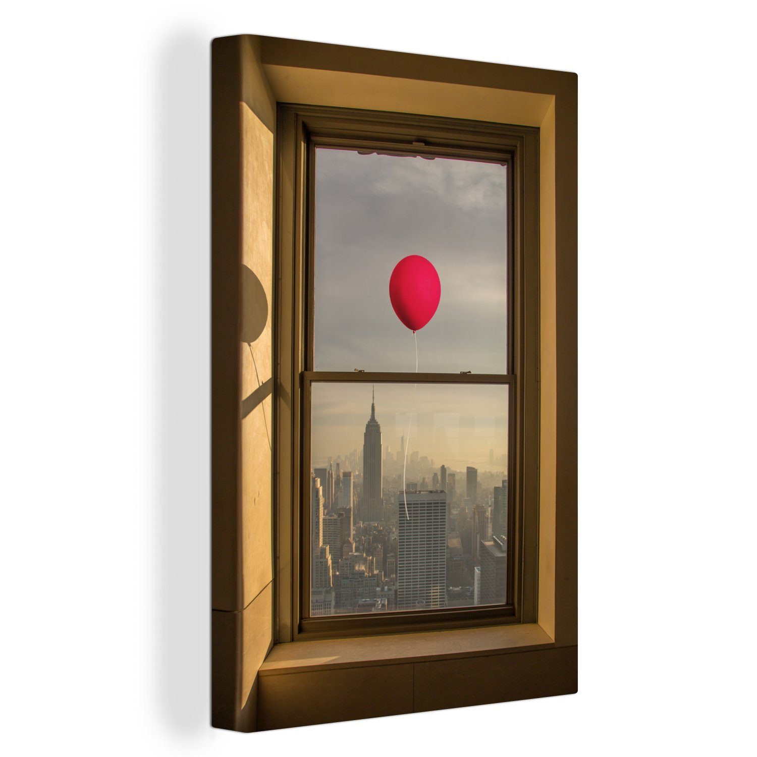OneMillionCanvasses® Leinwandbild Roter Ballon fliegt an Fenster in New York vorbei, (1 St), Leinwandbild fertig bespannt inkl. Zackenaufhänger, Gemälde, 20x30 cm