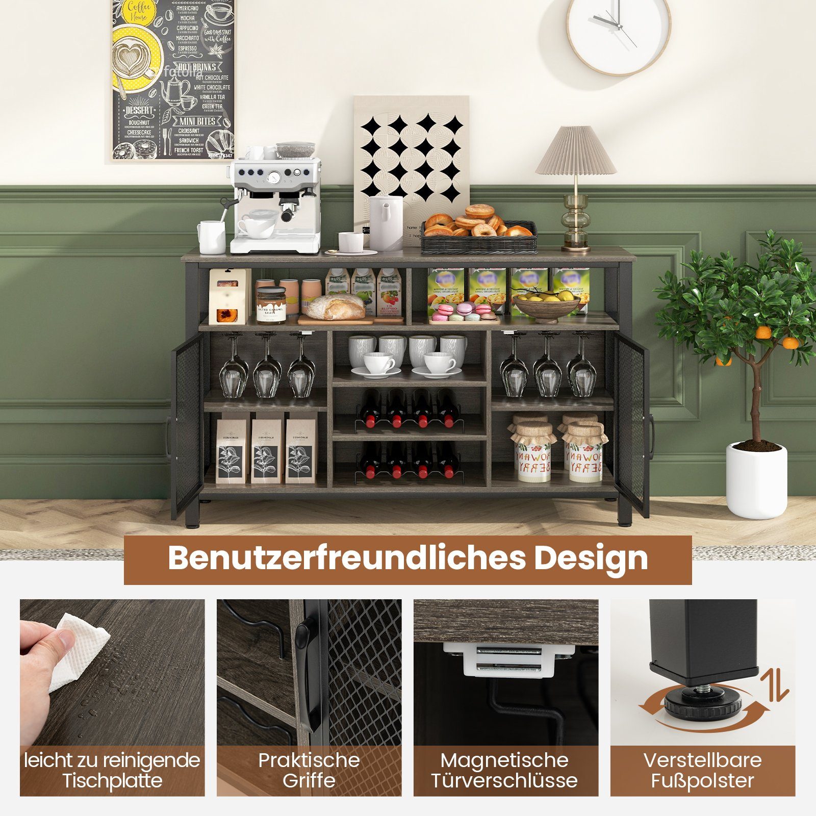 COSTWAY Sideboard, Küchenschrank mit 2 Metallgittertüren, Weinregalen, 140cm