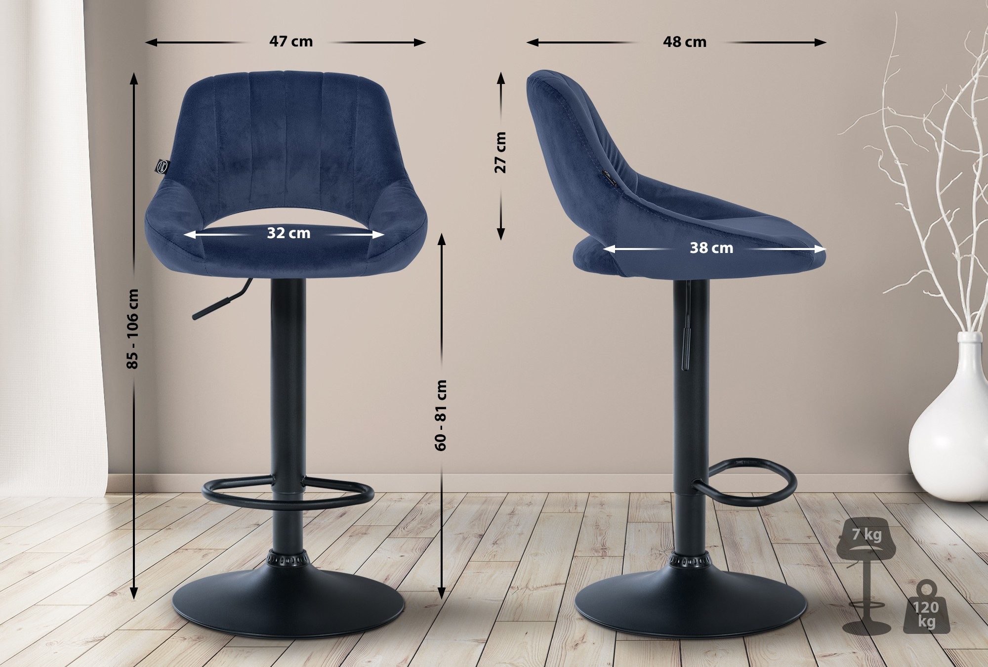 CLP Barhocker Milet Samt (2er Set, 2 St., 2er), höhenverstellbar und drehbar