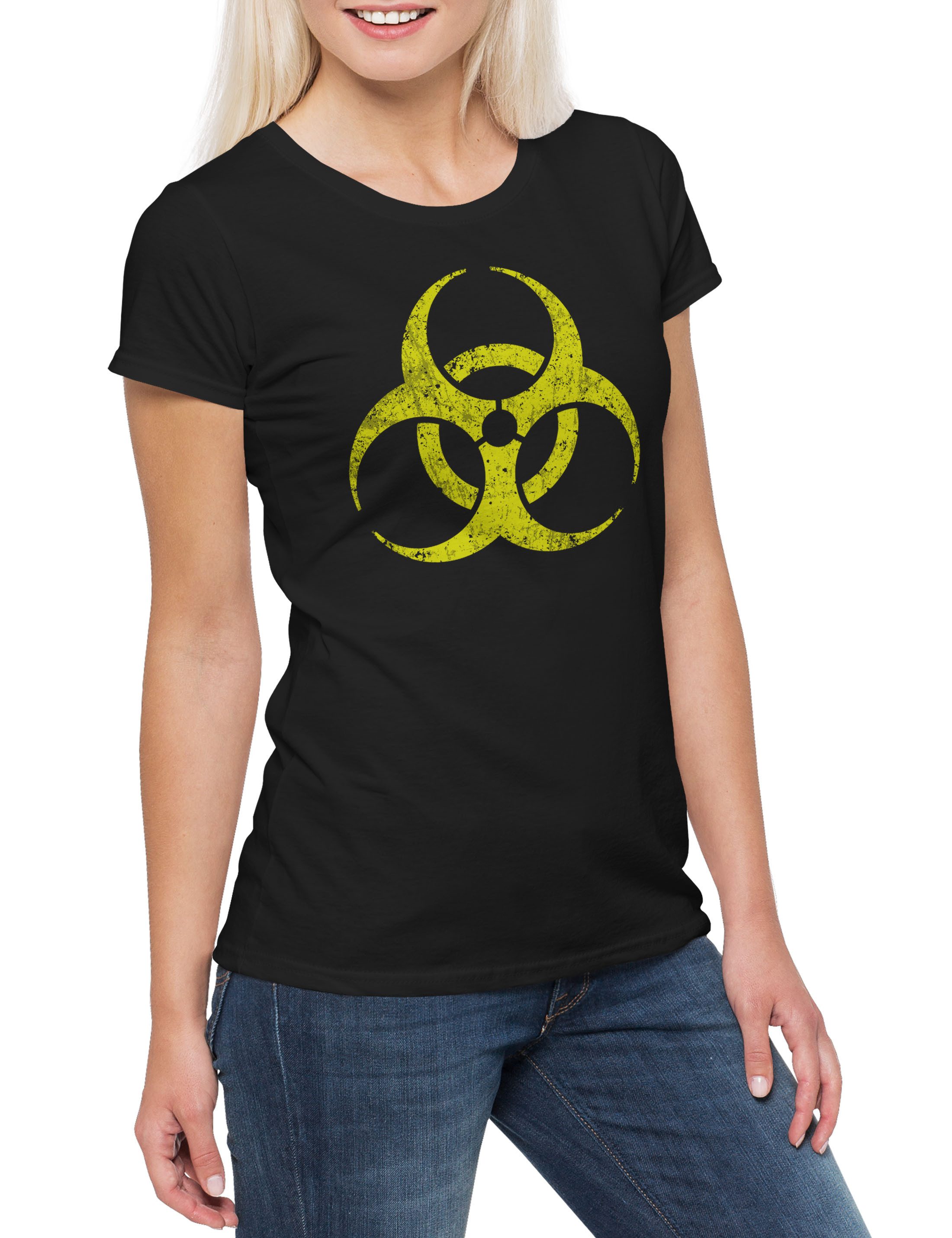 Print-Shirt Black Biohazard Vintage Symbol Damen T-Shirt Goth TBBT Cyber Hardcore