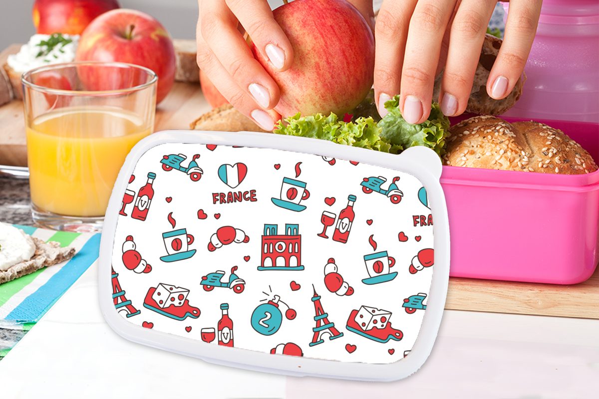 MuchoWow Lunchbox Kinder, - Snackbox, Mädchen, Brotdose Flagge, (2-tlg), rosa Frankreich Kunststoff für - Brotbox Kunststoff, Erwachsene, Muster