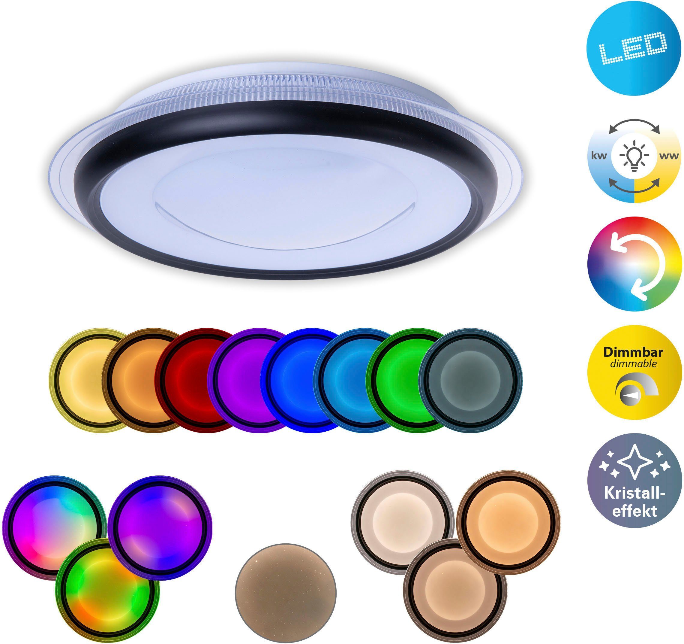 näve LED Deckenleuchte Canna, CCT - fest Infrarot Infrarot Kaltweiß, Farbwechsel, RGB Farbwechsler, inkl., integriert, Fernbedienung, inkl.CCT- Warmweiß, Fernbedienung, LED Fernbedienung, Dimmfunktion, RGB, über Neutralweiß, / RGB, dimmbar, d:45cm