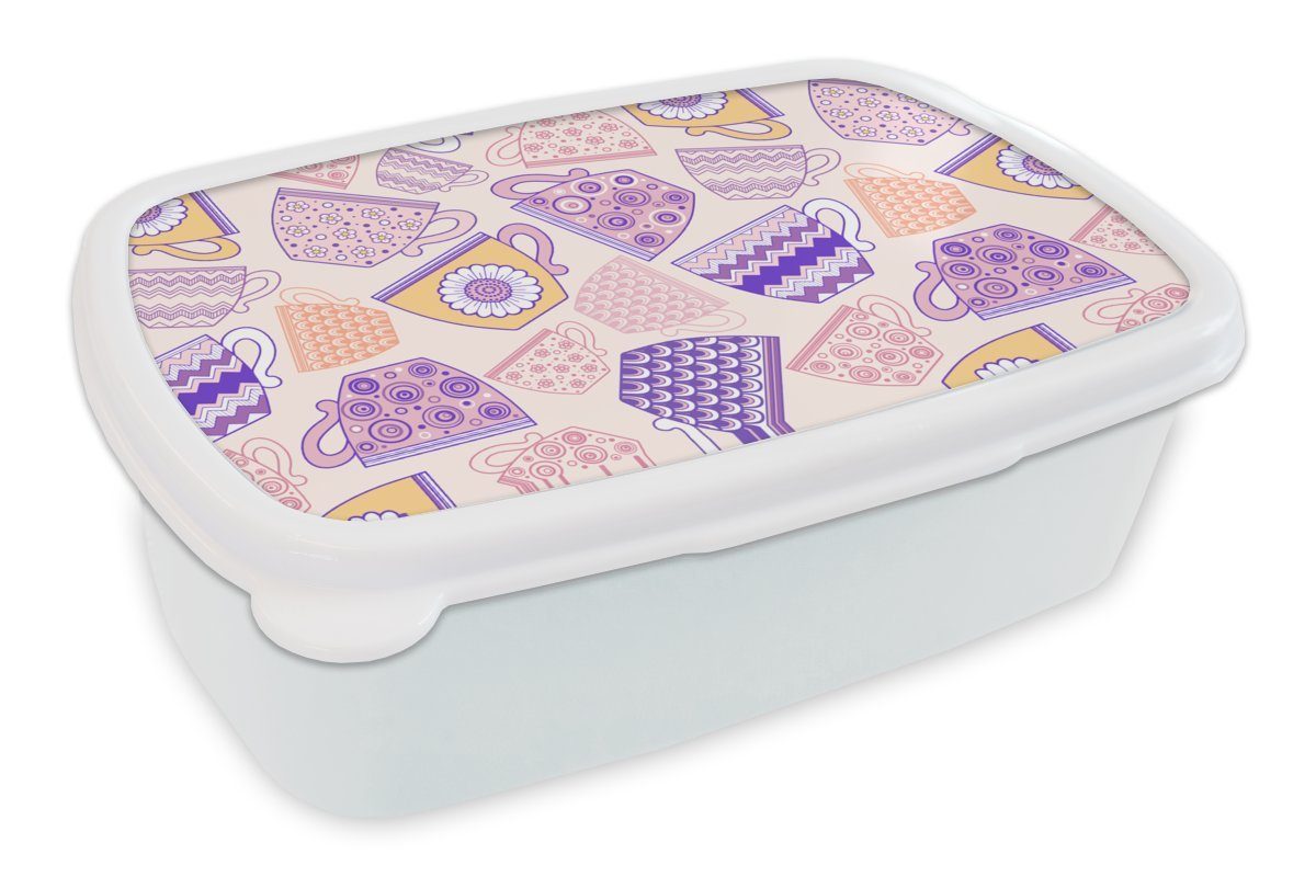 MuchoWow Lunchbox Muster - Teetassen - Tee, Kunststoff, (2-tlg), Brotbox für Kinder und Erwachsene, Brotdose, für Jungs und Mädchen weiß