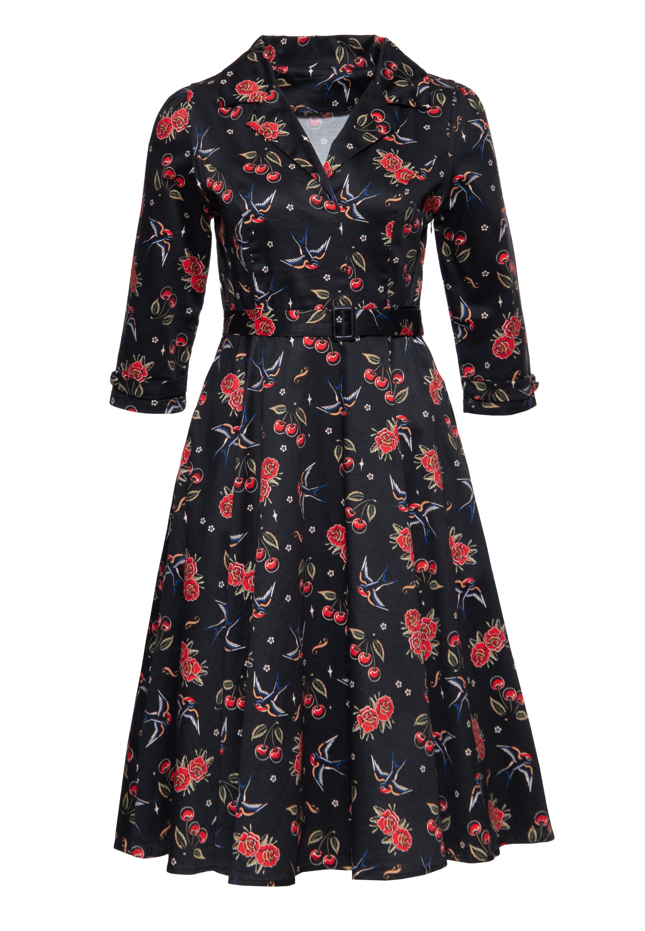 QueenKerosin Hemdblusenkleid cherries & roses Allover-Print mit Schwalben, Rosen und Kirschen