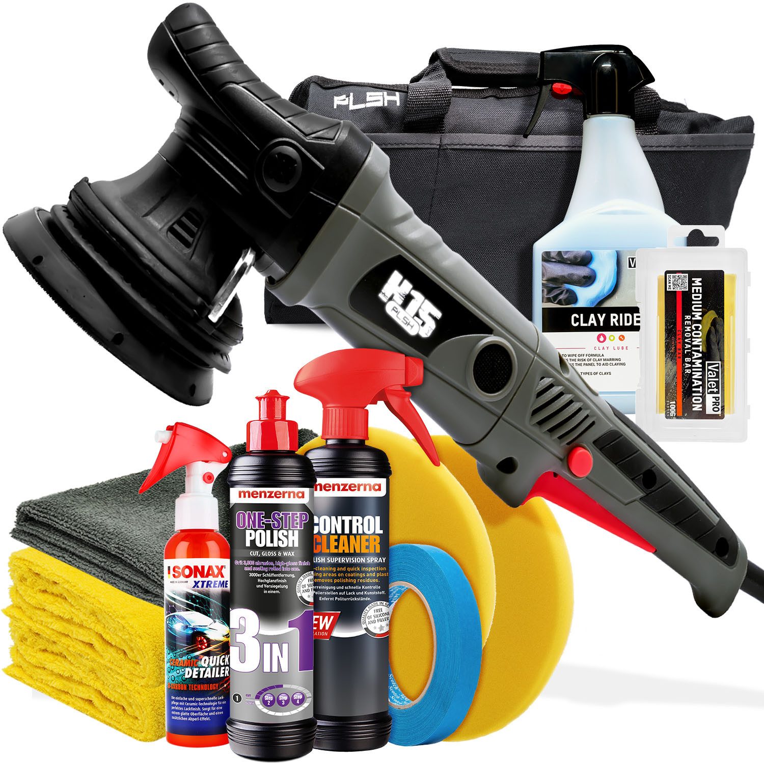 Garage Freaks Exzenter Poliermaschine Auto Politur Set PLSH H15, 15mm Hub, 125mm Stützteller + Versiegelung, 2100 min. U/min, 5000 max. U/min, (Spar-Set), Politur + Control Cleaner + Reinigungsknete + Clay Rider