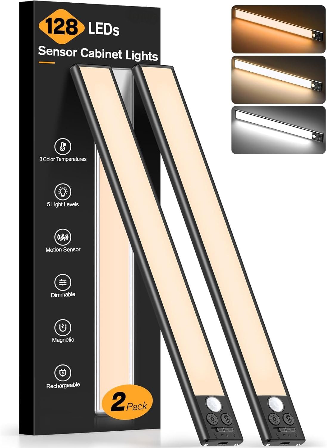 Athlix LED Unterbauleuchte 2er Unterbauleuchte Schrankbeleuchtung Kabellos mit Bewegungsmelder, LED fest integriert, 2 Stück - Warmweiß, Kaltweiß, Neutralweiß