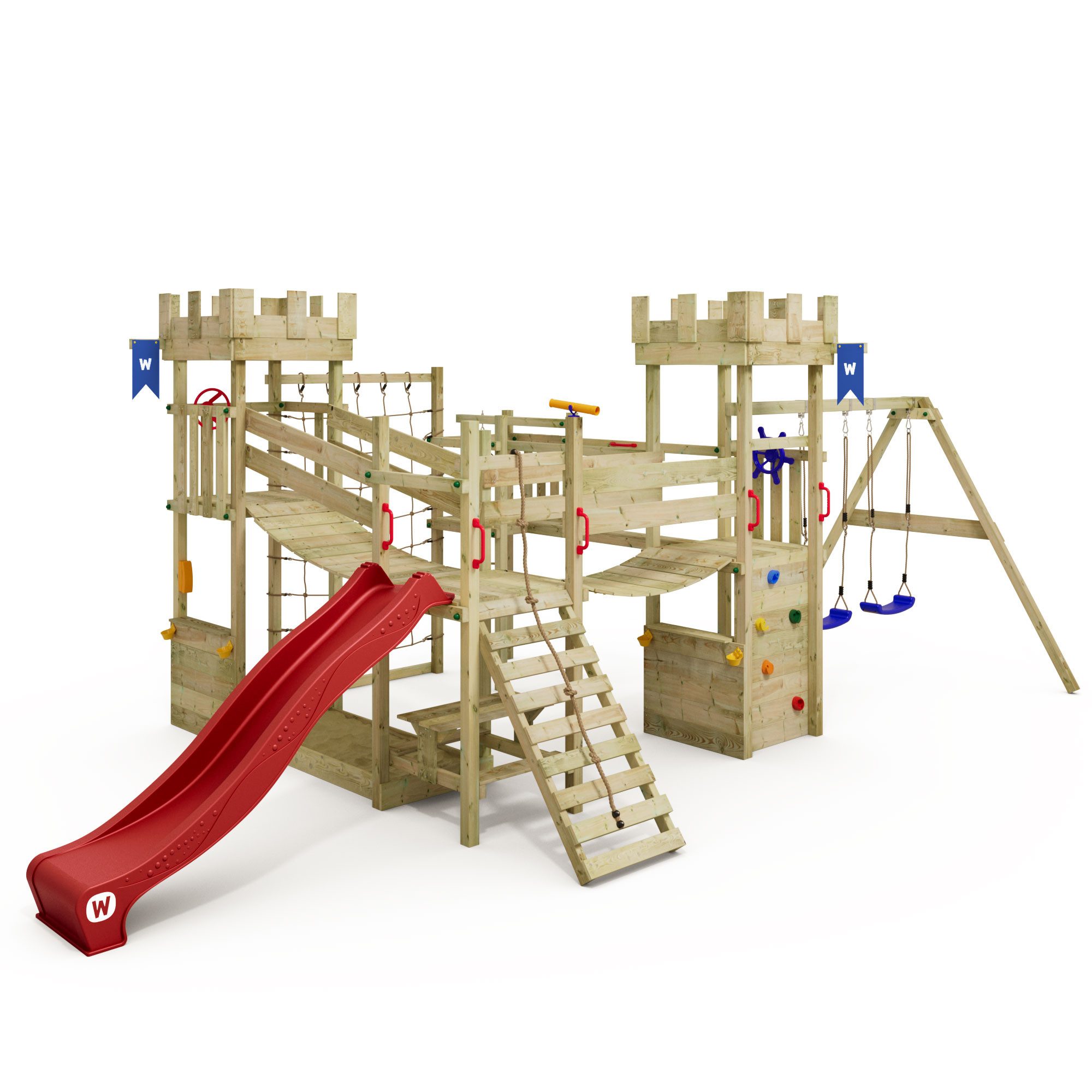 Klettergerüst Smart Arch – Ritterburg-Spielturm mit Wackelbrücke, Rutsche & Schaukel