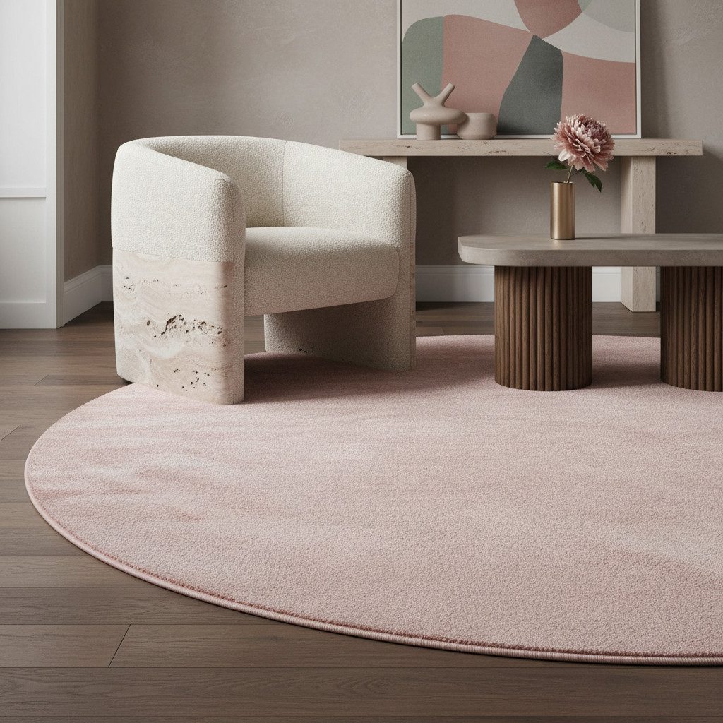 KADIMA DESIGN Teppich LECH Wohnzimmer Waschbar Schlafzimmer Wohnzimmerteppich Einfarbig Uni, Rund, Höhe: 9 mm, Rosa, 200x200 cm, Fußbodenheizung Rutschfest Elegant Waschbar