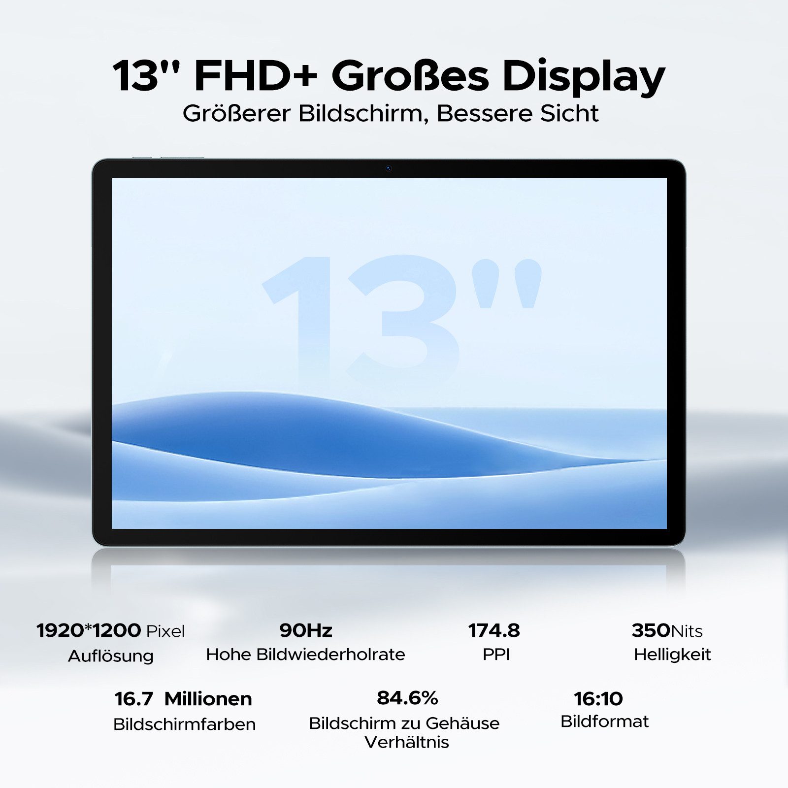 DOOGEE U13 Android 16 11000mAh Tablet 13 Zoll FHD+ 90Hz Display 6GB+256GB Tablet (13", Android 16, 13MP+8MP Kameras, ultradünn 7,8mm, WiFi5, GPS, Face ID, OTG, FM)