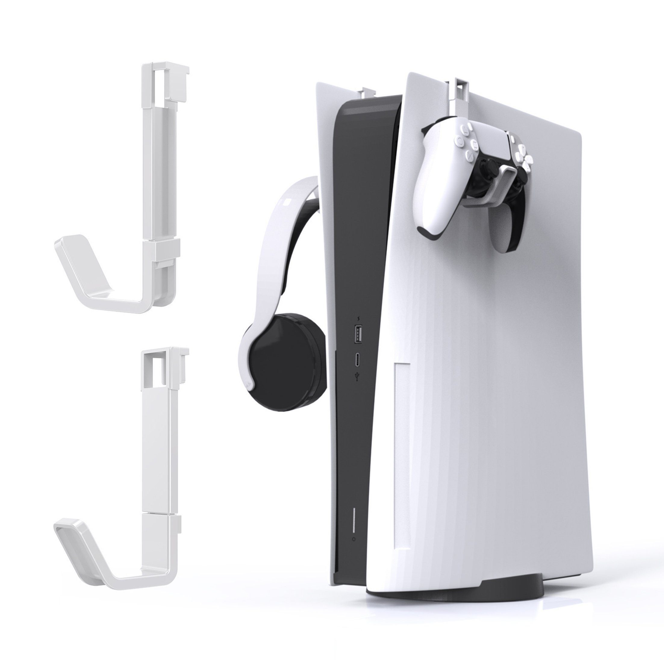 KINSI Playstation-Halterung PS5 Controller Halter & Headset Halterung,Seitliche Aufbewahrungshaken, (für PS5 & PS5 Slim - Platzsparend am Schreibtisch oder TV Möbel)