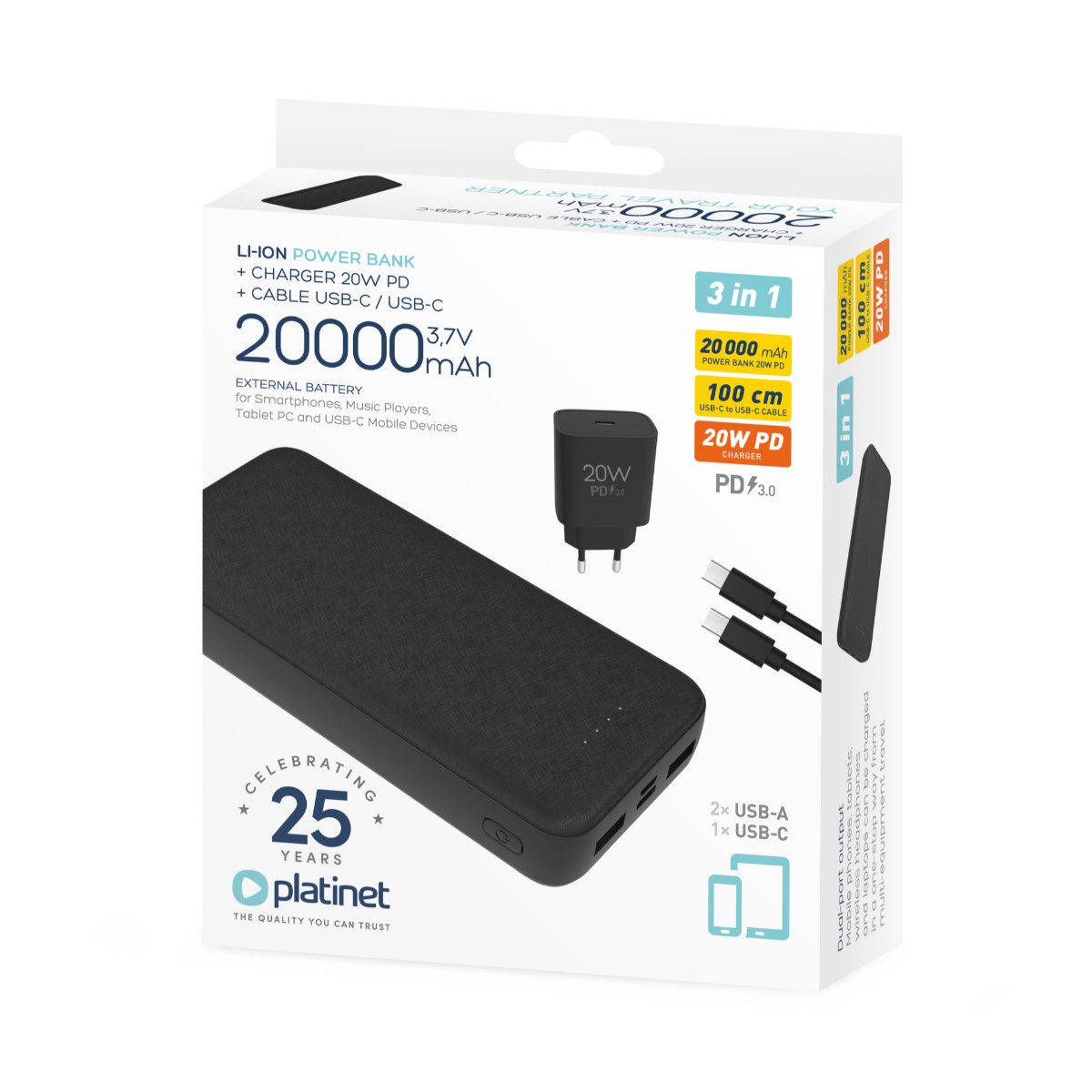 Platinet PMPB20SETB Powerbank 20000 mAh (12, 5, 100-200, 9, 3,7 V), 20000 mAh Set mit PD Ladegerät