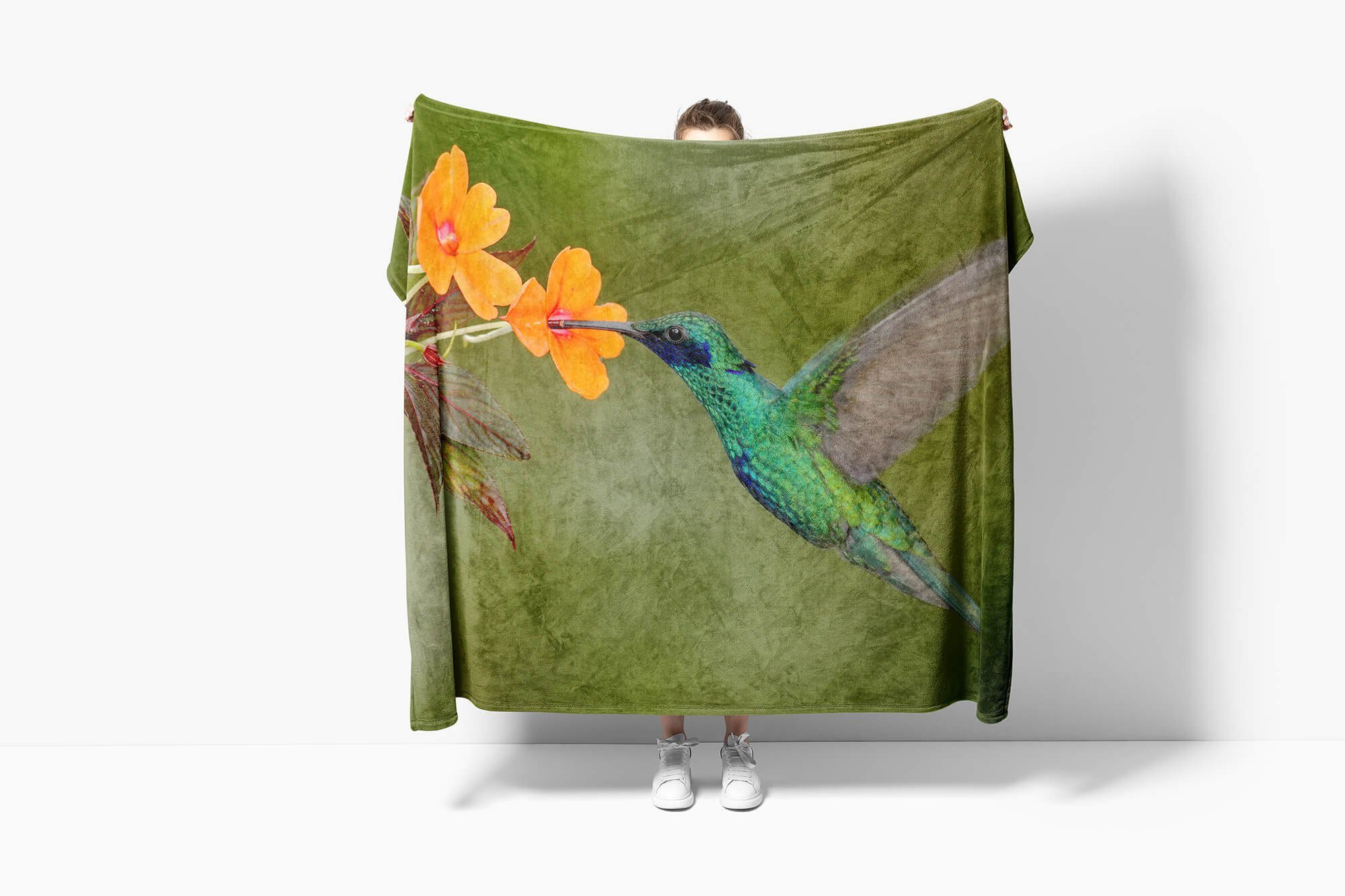 Sinus Art Strandhandtuch Kolibri Nekt, Blume Baumwolle-Polyester-Mix Saunatuch Handtuch Handtuch Handtücher Tiermotiv mit (1-St), Kuscheldecke