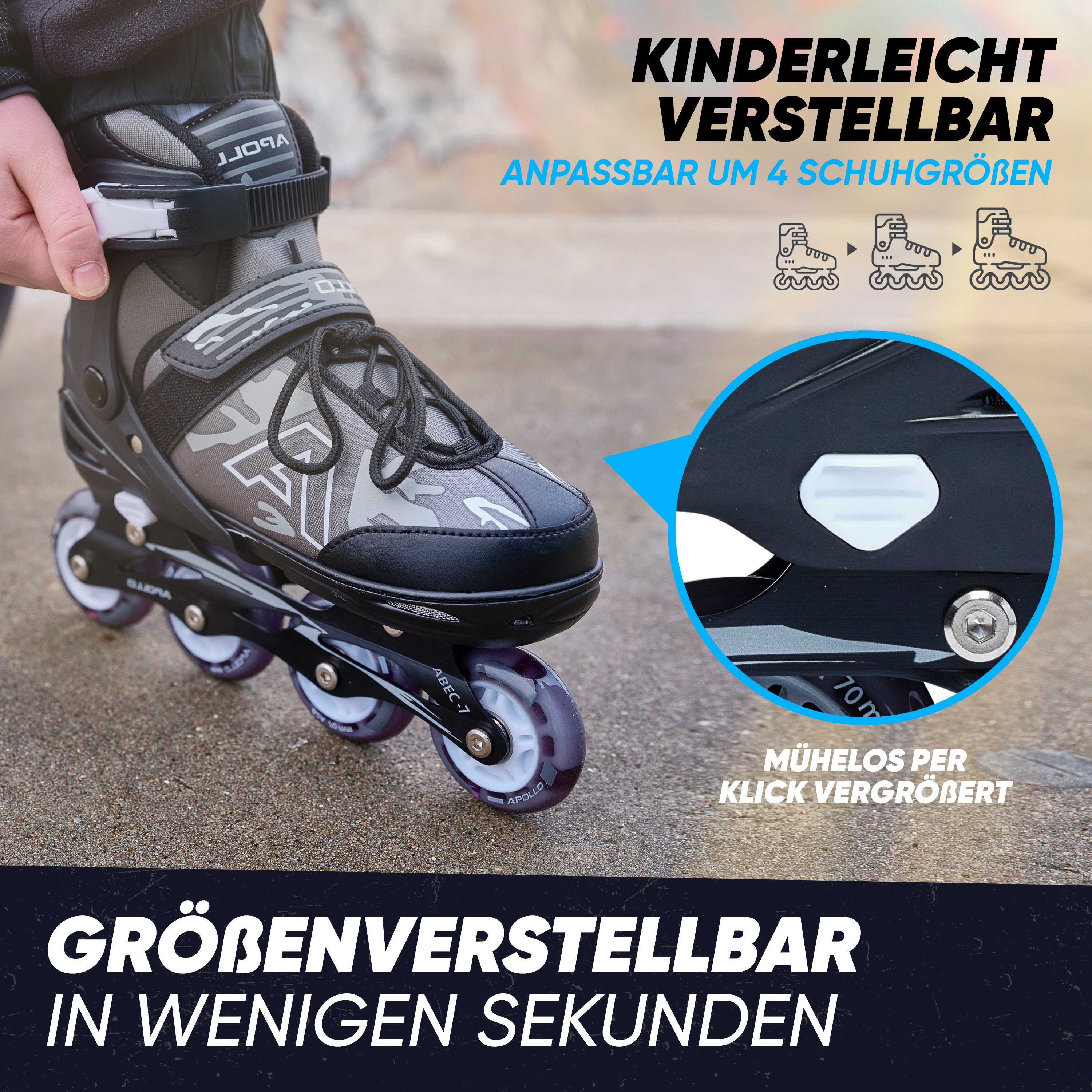 Apollo Inlineskates Champion Verstellbare Inlineskates für Kinder und Erwachsene, Größe 31-42, mit LED Rollen