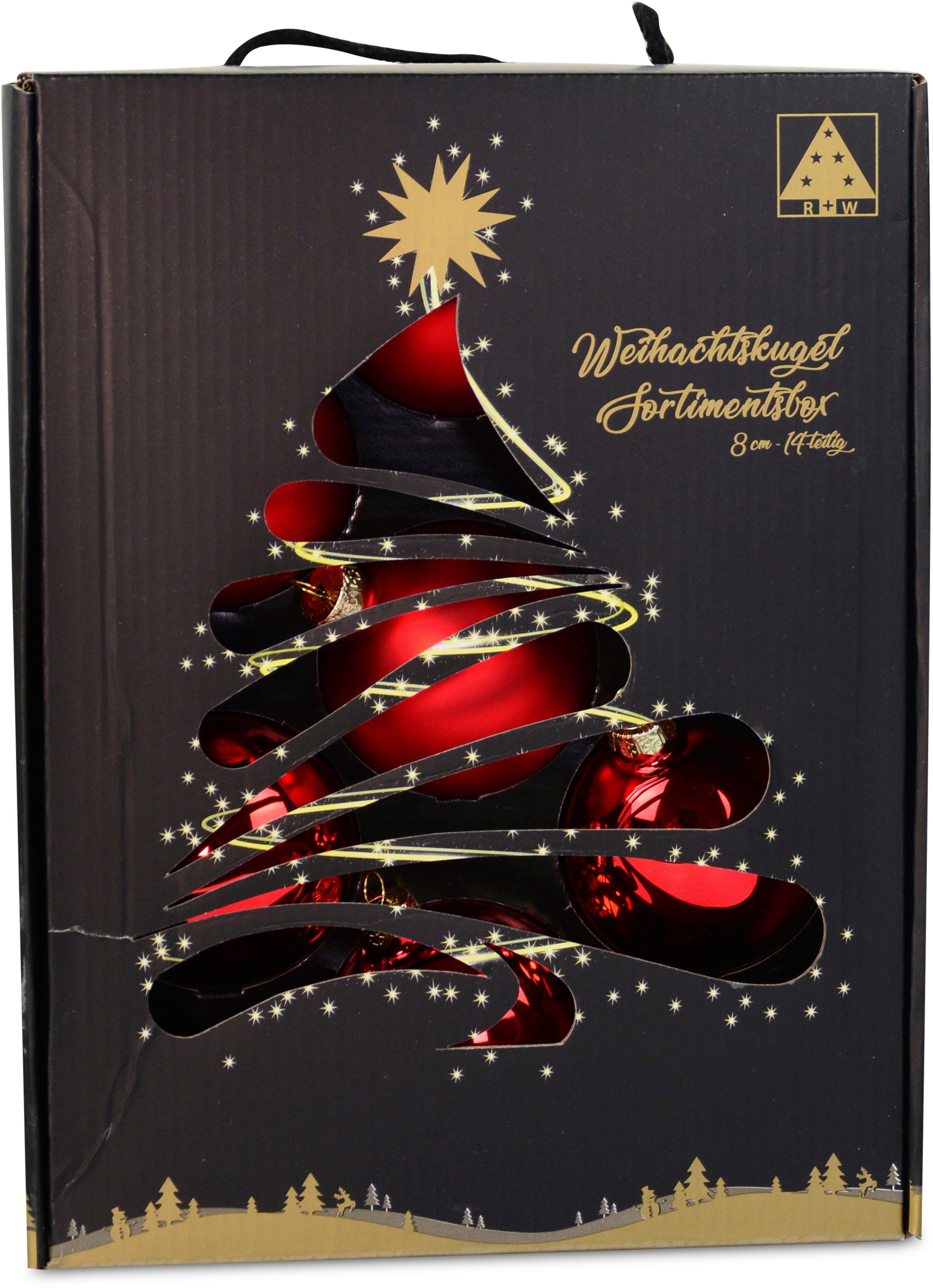 RIFFELMACHER & WEINBERGER Weihnachtsbaumkugel Glas, (14 mit cm, Weihnachtsdeko, rot Christbaumschmuck, Christbaumkugeln Ø 8 Aufbewahrungsbox praktischer Glas, ca. St), aus