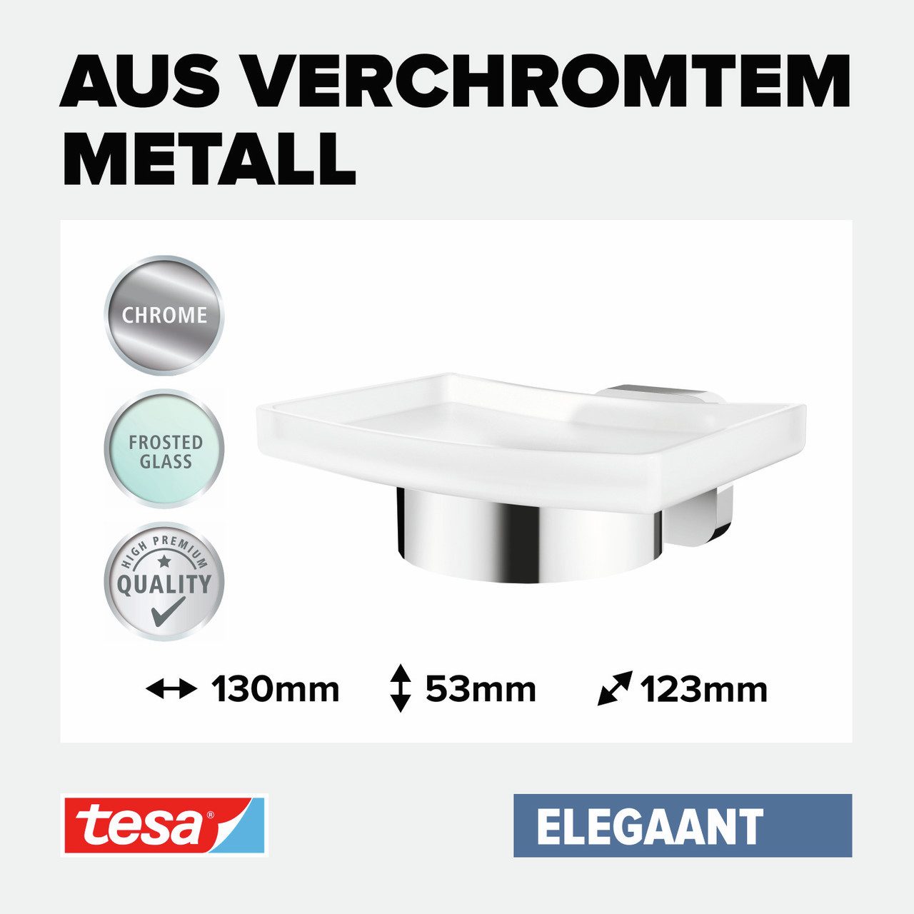 tesa Seifenspender 1 x ELEGAANT Design-Seifenschale, (Komplett-Set, 2-tlg), chrom - silber glänzend - 7,9 cm : 12,4 cm : 11,9 cm